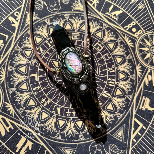 Natural Handmade Black Obsidian Pendant Necklace/Magic Black Obsidian Crystal Pendant/Labradorite Jewelry/Chakra/Altar Tool