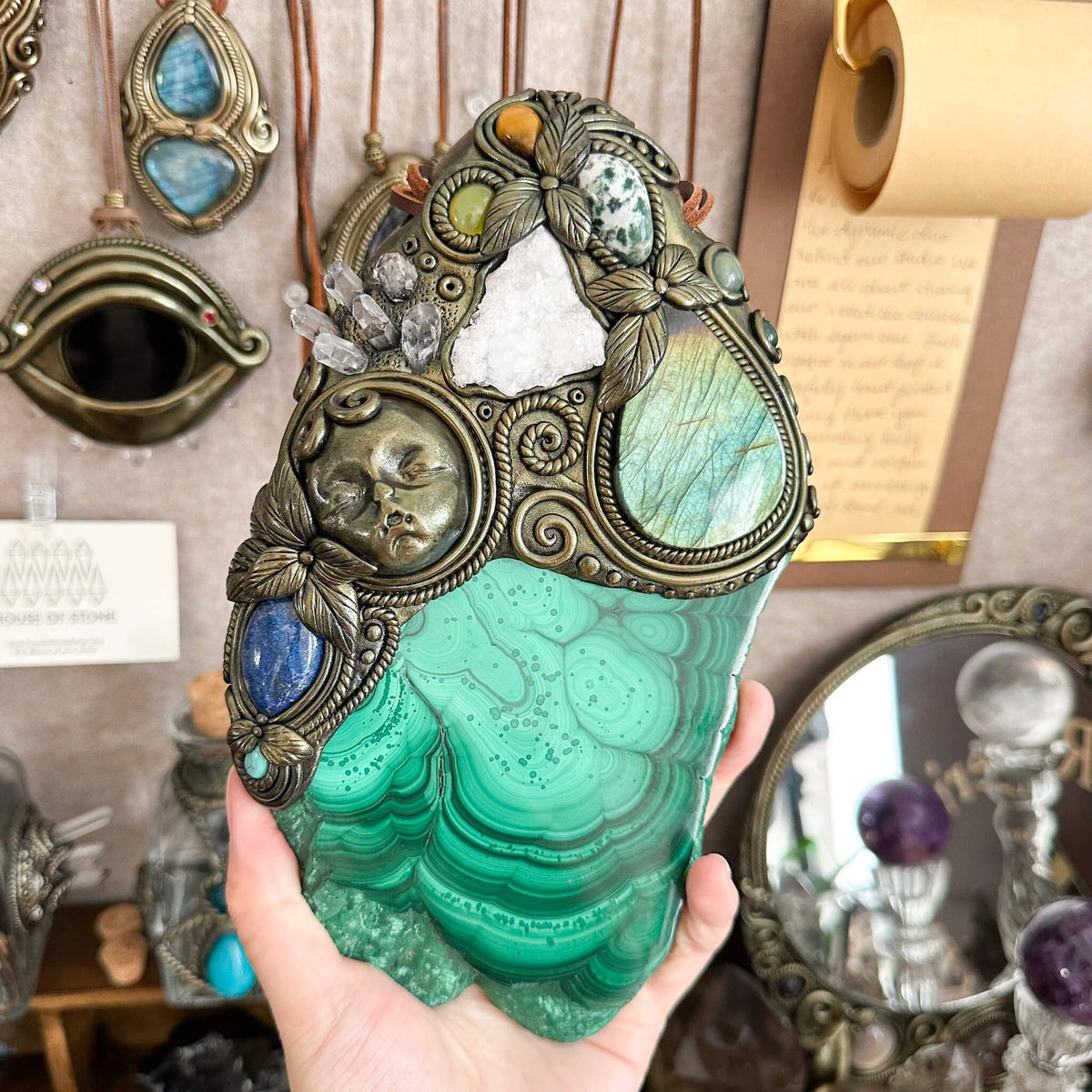 Handmade Natural Malachite Crystal Wall Hanging Decor/Spiritual Window Interior Room Hangings/Christmas Crystal Door Hanging