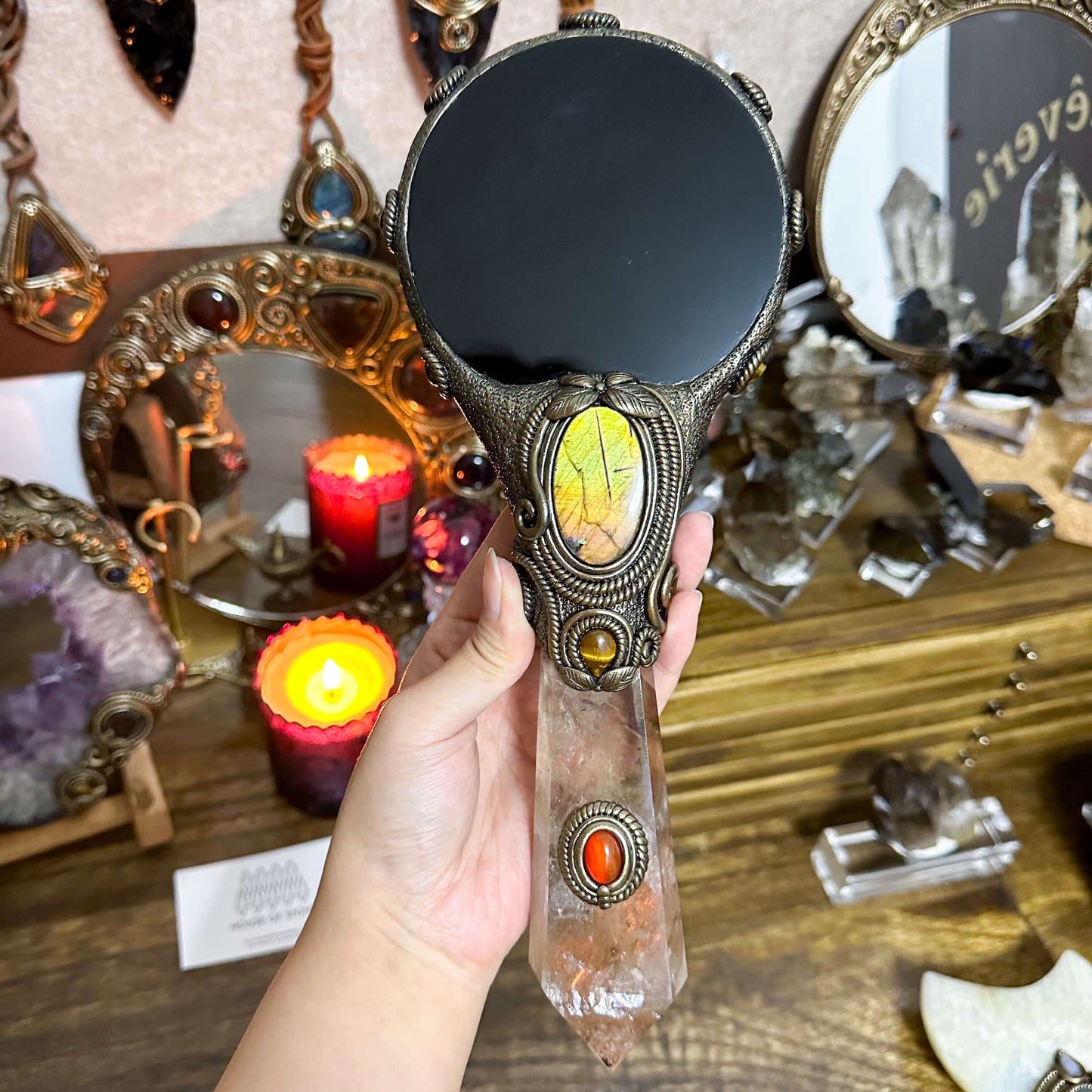 Handmade Natural Black Obsidian Mirror/Magic Obsidian Witch Wand/Crystal Quartz Wand/Scrying Mirror Wand/Chakra/Manifest Altar Tool