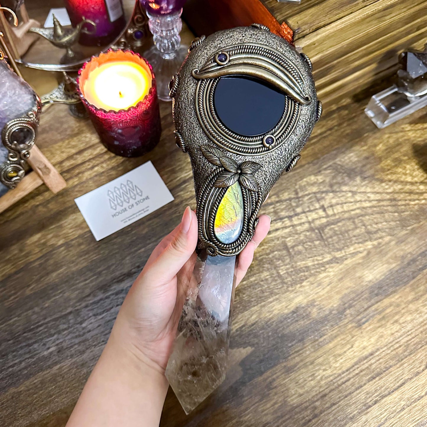 Handmade Natural Black Obsidian Mirror/Magic Obsidian Witch Wand/Crystal Quartz Wand/Scrying Mirror Wand/Chakra/Manifest Altar Tool