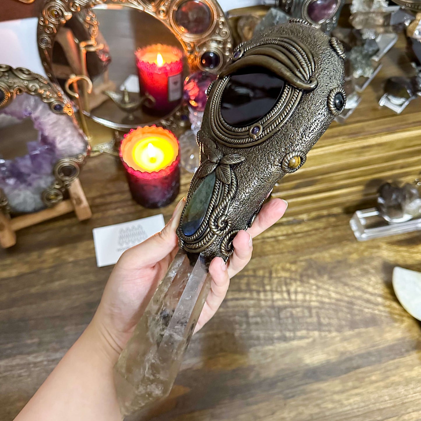 Handmade Natural Black Obsidian Mirror/Magic Obsidian Witch Wand/Crystal Quartz Wand/Scrying Mirror Wand/Chakra/Manifest Altar Tool