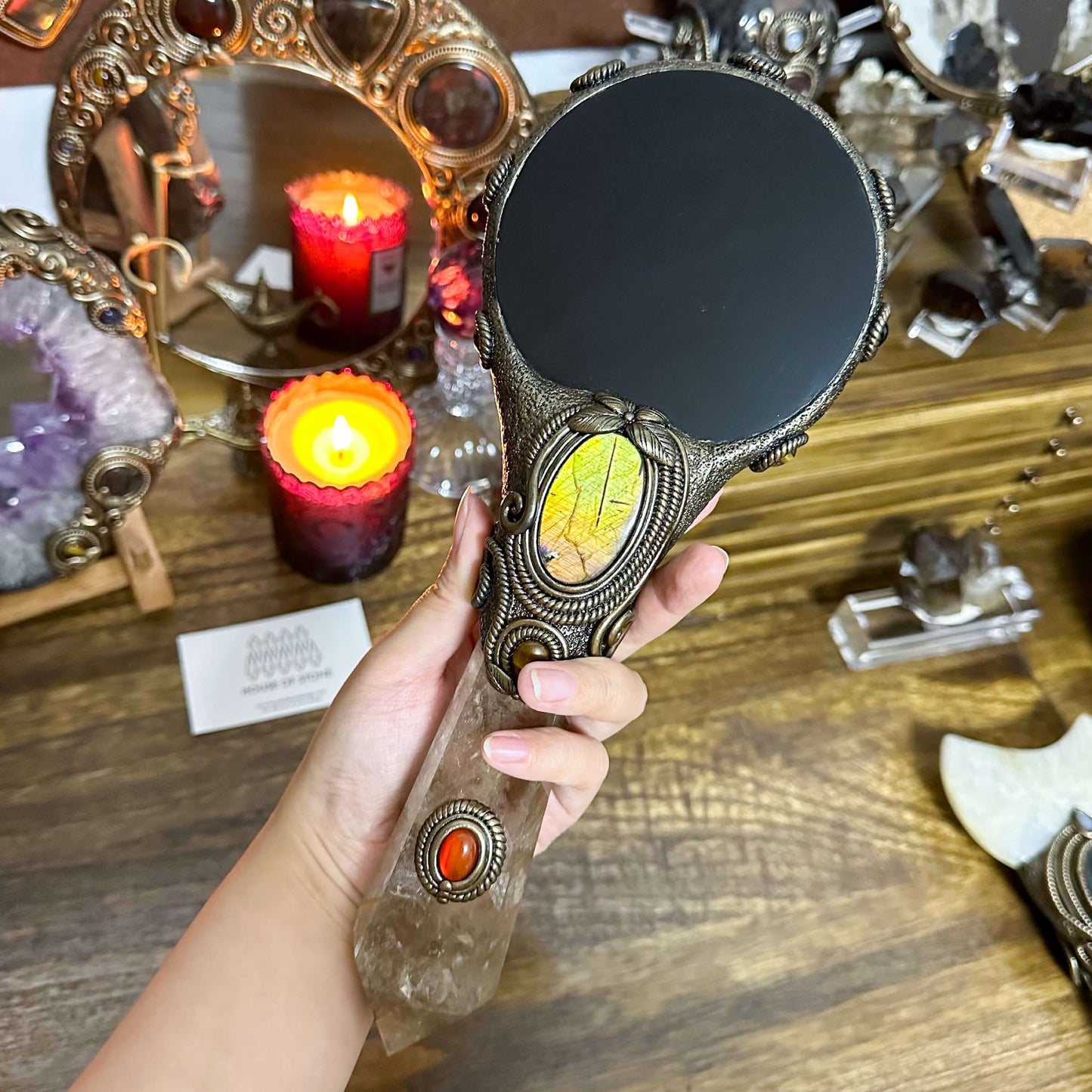 Handmade Natural Black Obsidian Mirror/Magic Obsidian Witch Wand/Crystal Quartz Wand/Scrying Mirror Wand/Chakra/Manifest Altar Tool