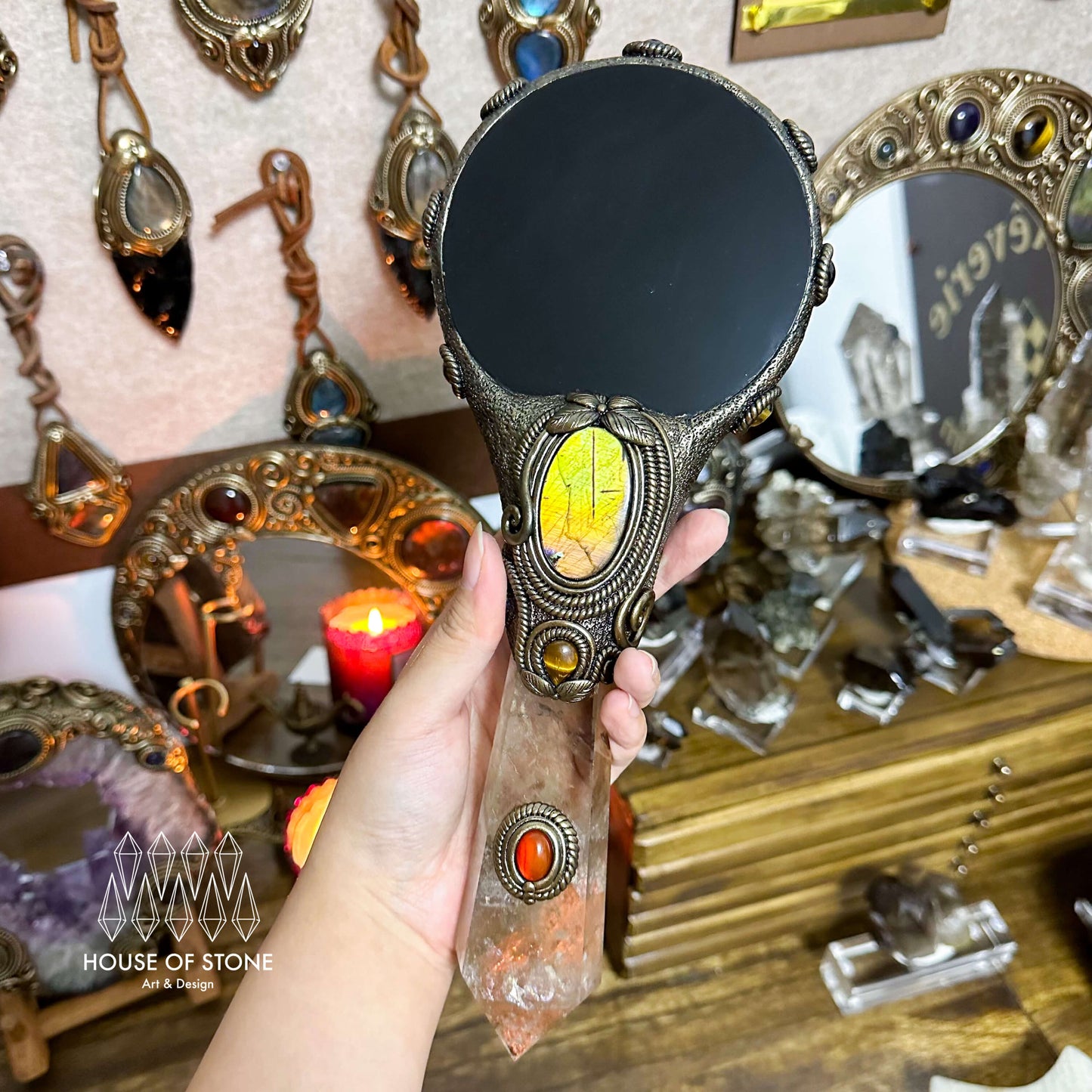 Handmade Natural Black Obsidian Mirror/Magic Obsidian Witch Wand/Crystal Quartz Wand/Scrying Mirror Wand/Chakra/Manifest Altar Tool