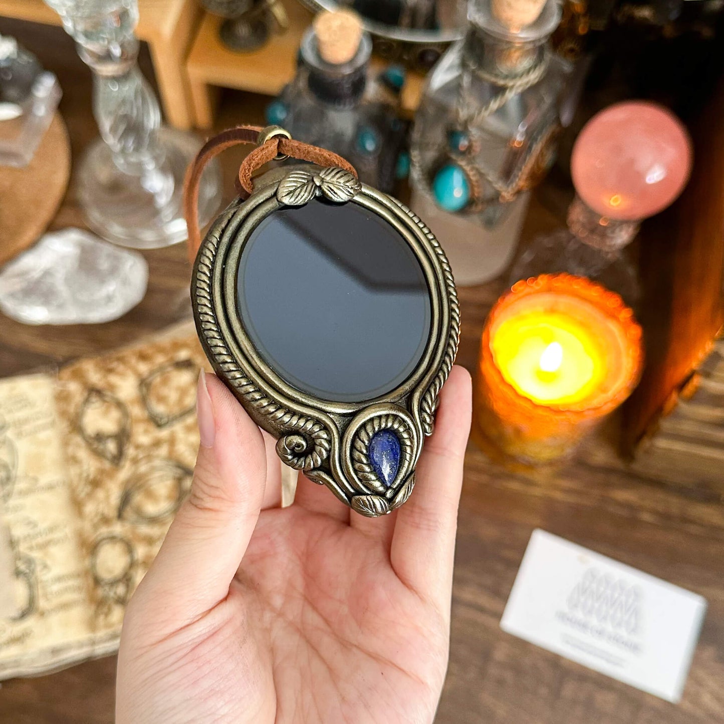 Handmade Natural Black Obsidian Pendant Necklace/Magic Obsidian Mirror Crystal Pendant/Scrying Mirror Talisman Protection Jewelry/Altar Tool