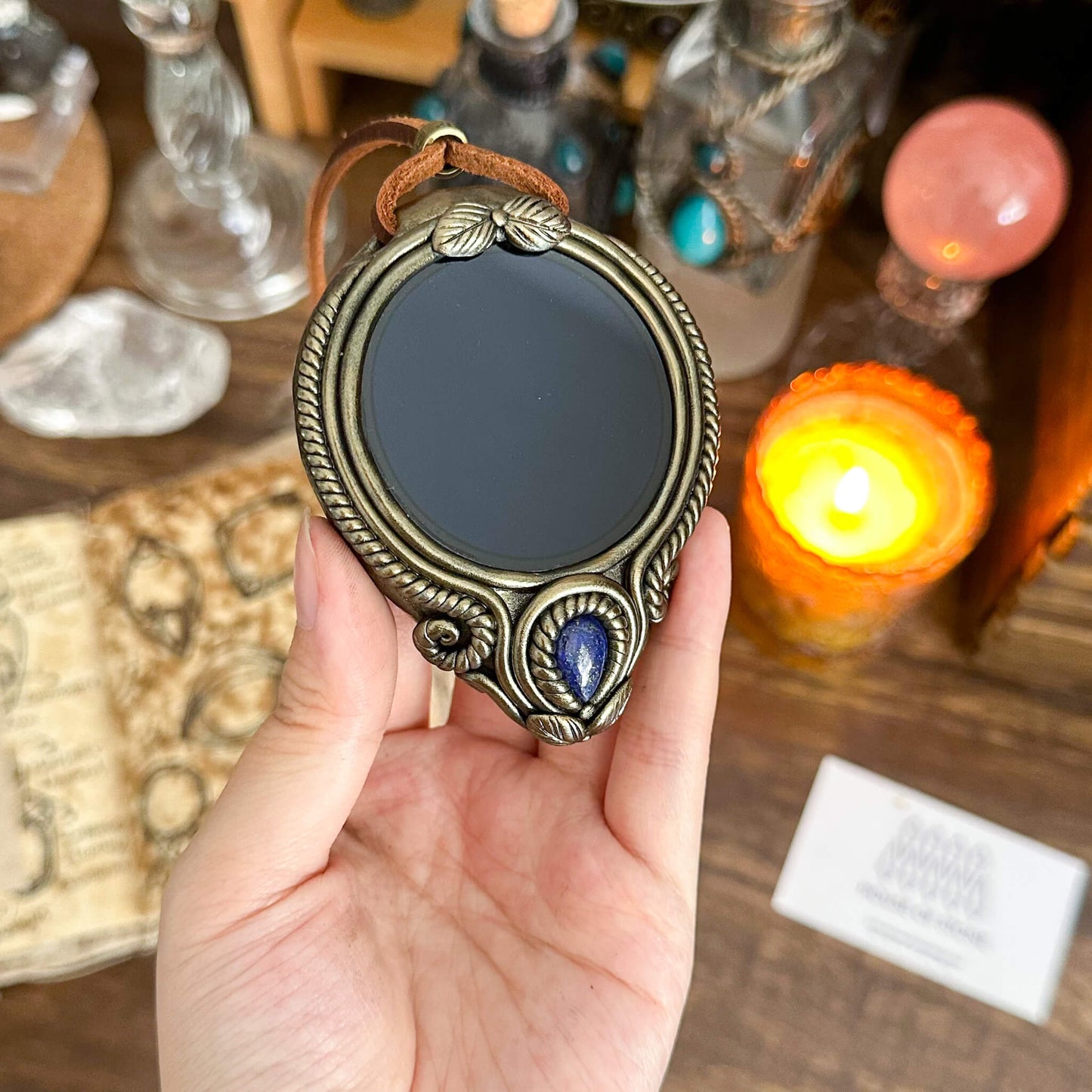 Handmade Natural Black Obsidian Pendant Necklace/Magic Obsidian Mirror Crystal Pendant/Scrying Mirror Talisman Protection Jewelry/Altar Tool