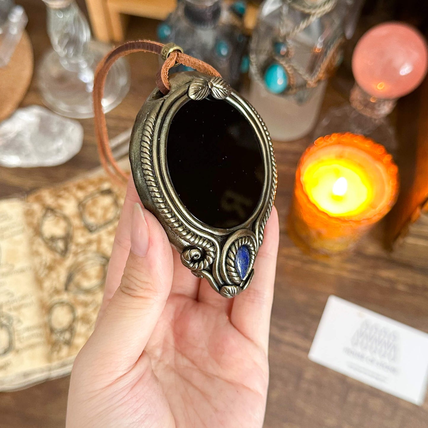 Handmade Natural Black Obsidian Pendant Necklace/Magic Obsidian Mirror Crystal Pendant/Scrying Mirror Talisman Protection Jewelry/Altar Tool