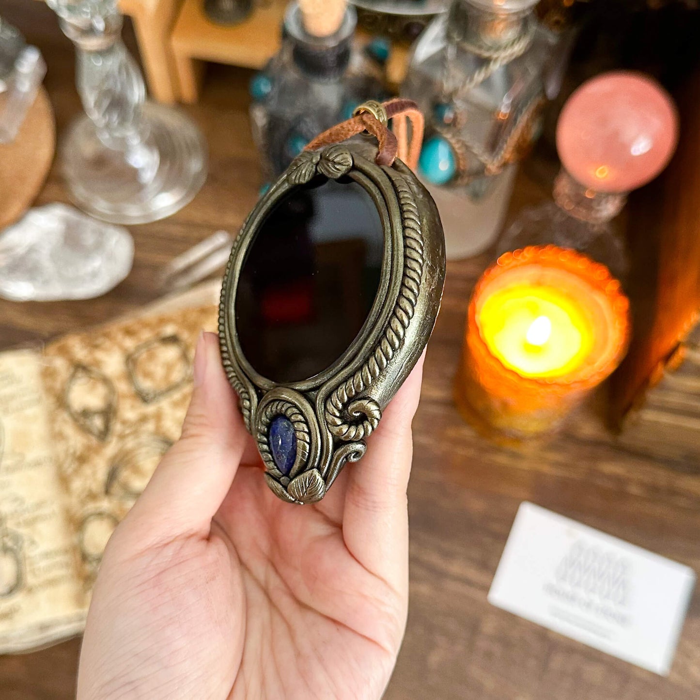 Handmade Natural Black Obsidian Pendant Necklace/Magic Obsidian Mirror Crystal Pendant/Scrying Mirror Talisman Protection Jewelry/Altar Tool