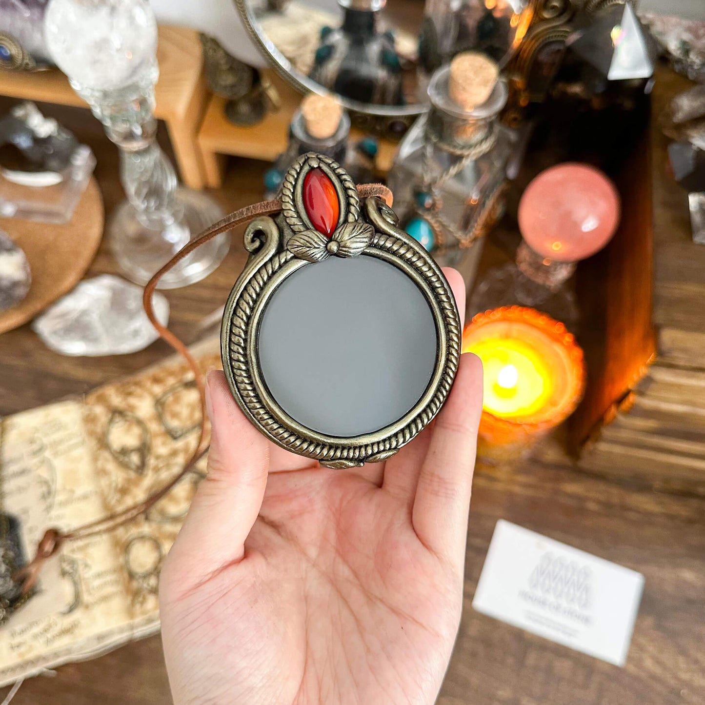 Handmade Natural Black Obsidian Pendant Necklace/Magic Obsidian Mirror Crystal Pendant/Scrying Mirror Talisman Protection Jewelry/Altar Tool