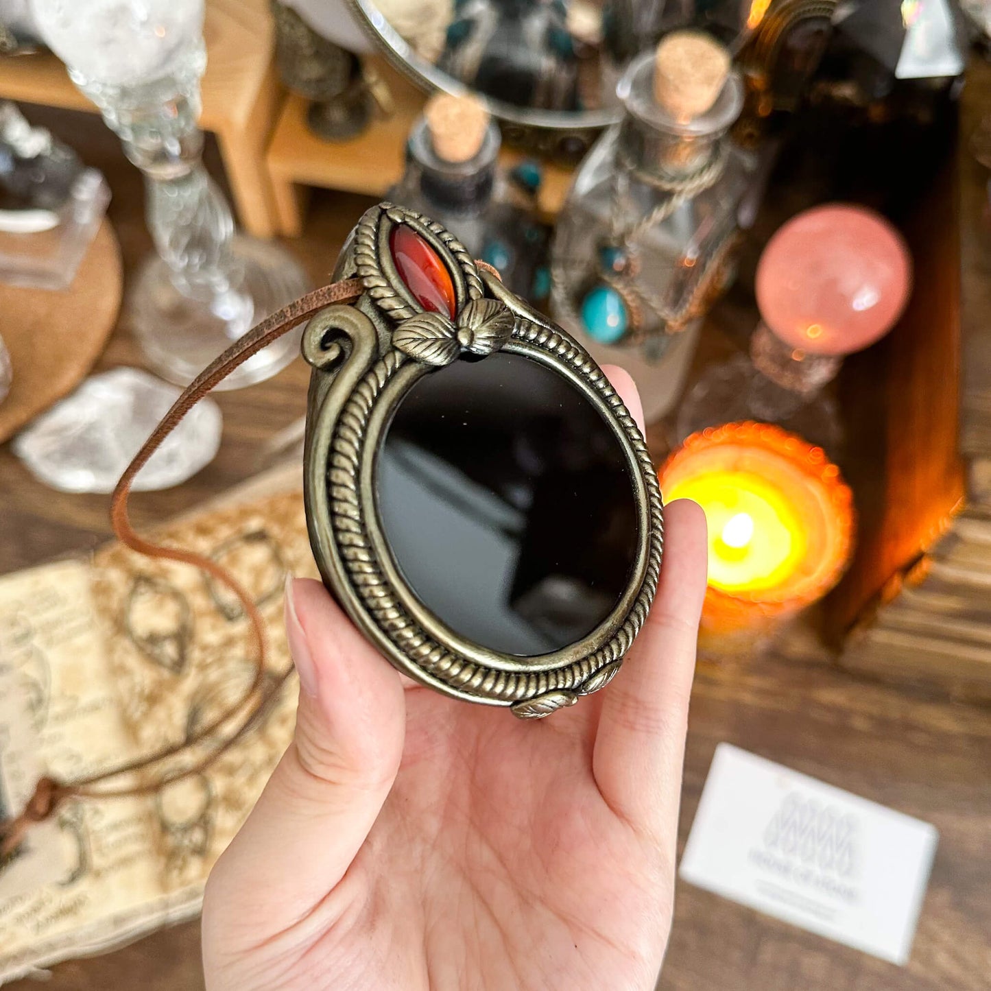 Handmade Natural Black Obsidian Pendant Necklace/Magic Obsidian Mirror Crystal Pendant/Scrying Mirror Talisman Protection Jewelry/Altar Tool