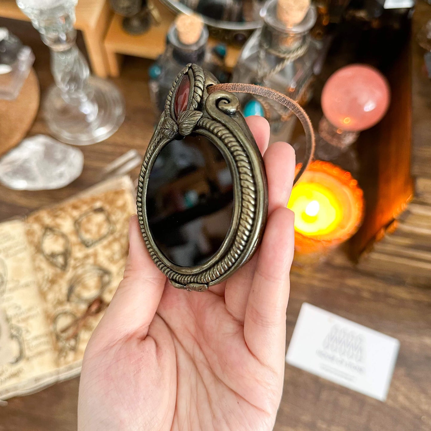 Handmade Natural Black Obsidian Pendant Necklace/Magic Obsidian Mirror Crystal Pendant/Scrying Mirror Talisman Protection Jewelry/Altar Tool