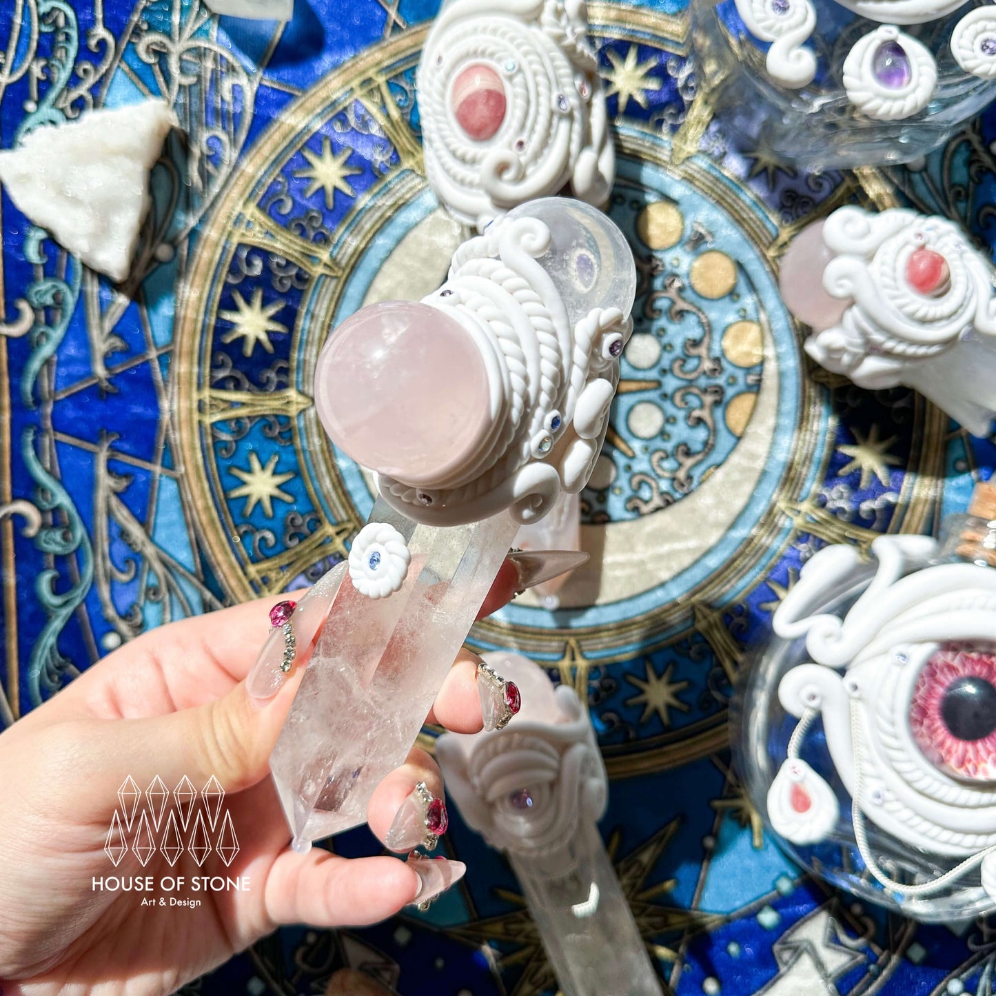 Natural Handmade Crystal Quartz Wand/Magic Crystal Quartz Wand/Rose Quartz Clear Quartz Aquamarine/Heart Chakra Healing/Altar Tool