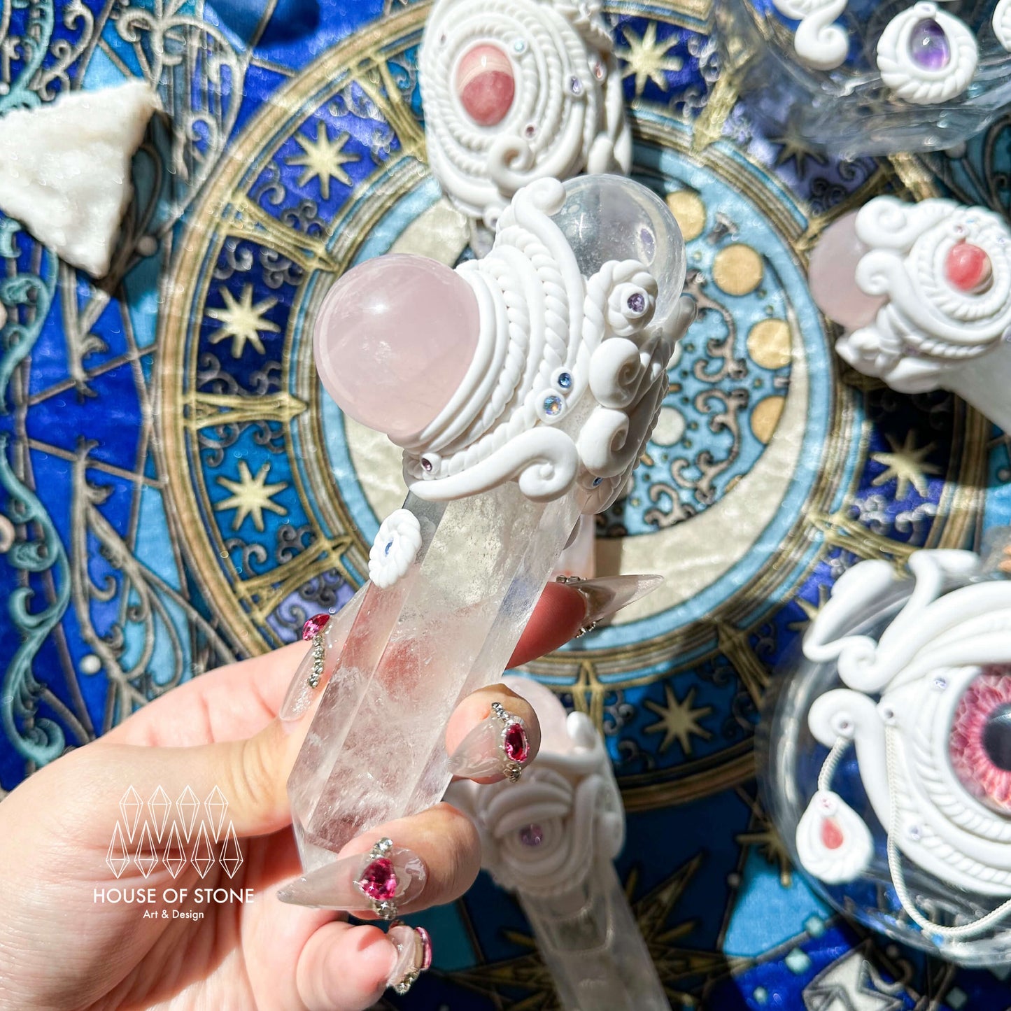 Natural Handmade Crystal Quartz Wand/Magic Crystal Quartz Wand/Rose Quartz Clear Quartz Aquamarine/Heart Chakra Healing/Altar Tool