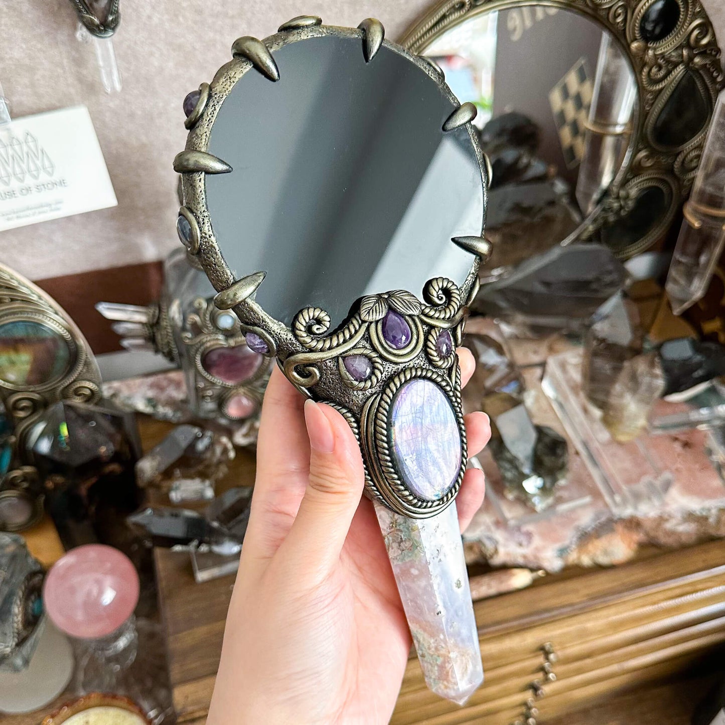 Handmade Natural Black Obsidian Mirror/Magic Obsidian Witch Wand/Crystal Quartz Wand/Scrying Mirror Wand/Root Chakra/Manifest Altar Tool