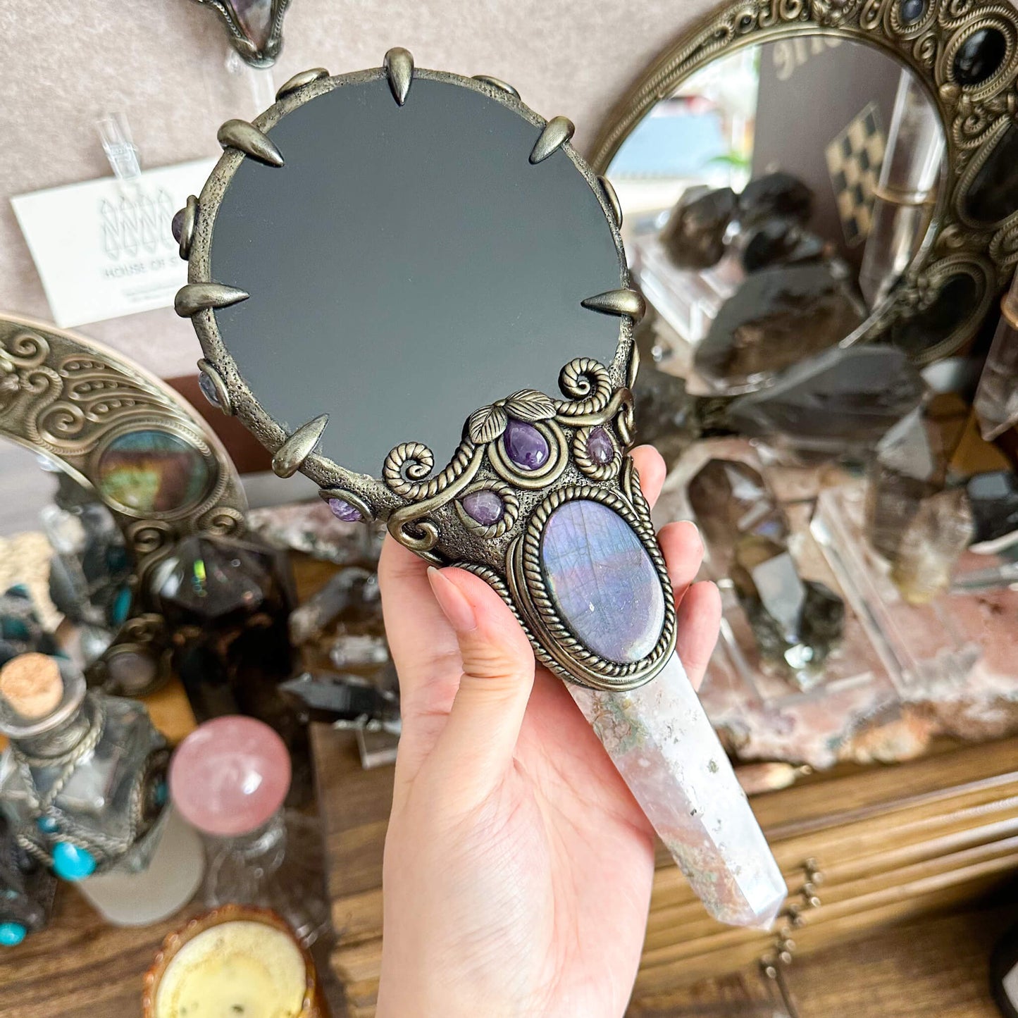 Handmade Natural Black Obsidian Mirror/Magic Obsidian Witch Wand/Crystal Quartz Wand/Scrying Mirror Wand/Root Chakra/Manifest Altar Tool