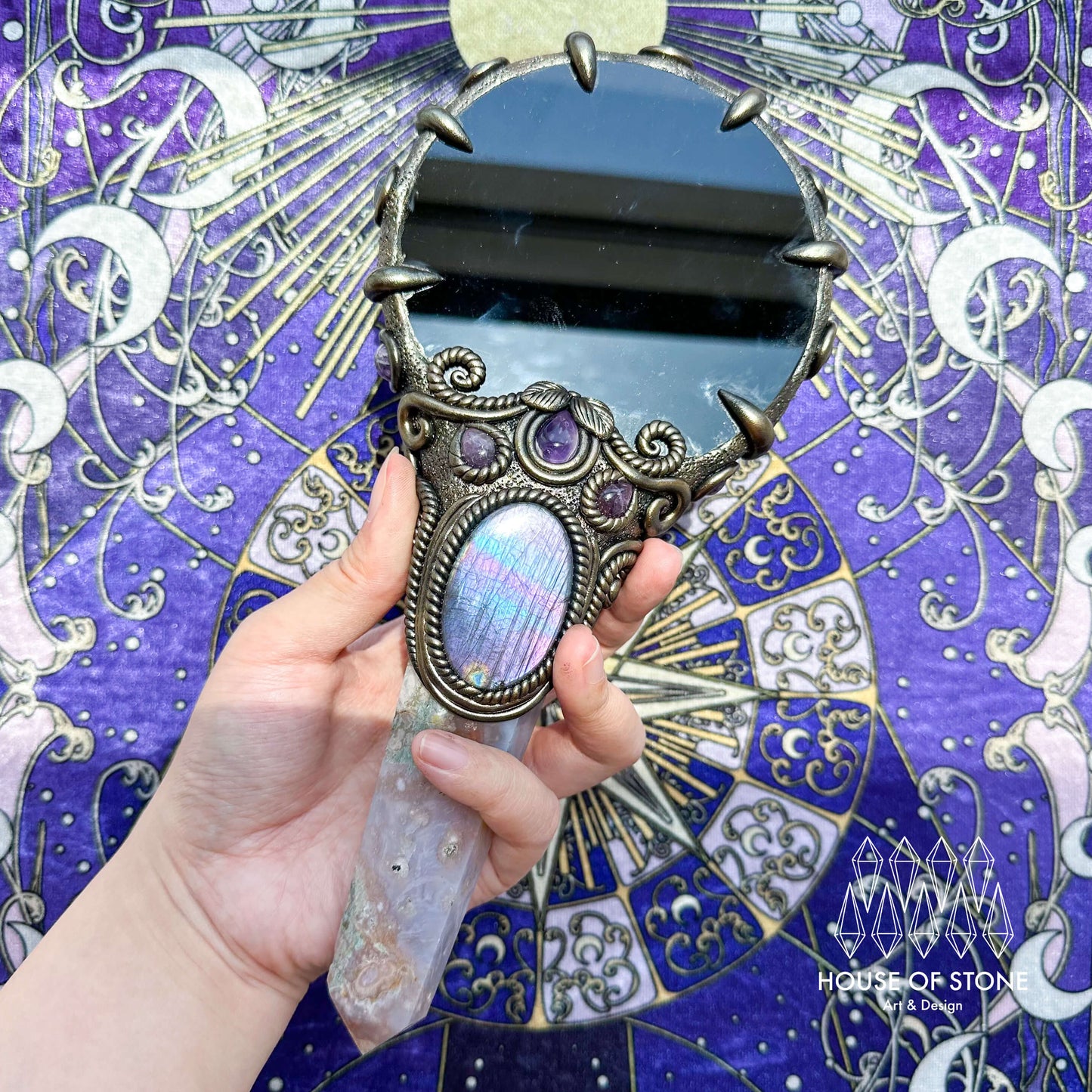 Handmade Natural Black Obsidian Mirror/Magic Obsidian Witch Wand/Crystal Quartz Wand/Scrying Mirror Wand/Root Chakra/Manifest Altar Tool
