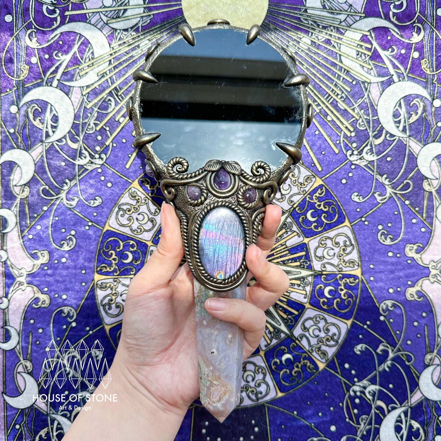 Handmade Natural Black Obsidian Mirror/Magic Obsidian Witch Wand/Crystal Quartz Wand/Scrying Mirror Wand/Root Chakra/Manifest Altar Tool