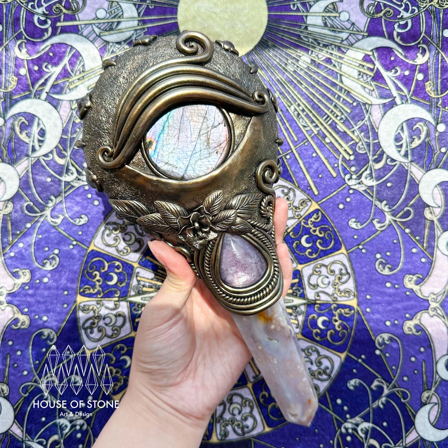 Handmade Natural Black Obsidian Mirror/Magic Obsidian Witch Wand/Crystal Quartz Wand/Scrying Mirror Wand/Root Chakra/Manifest Altar Tool