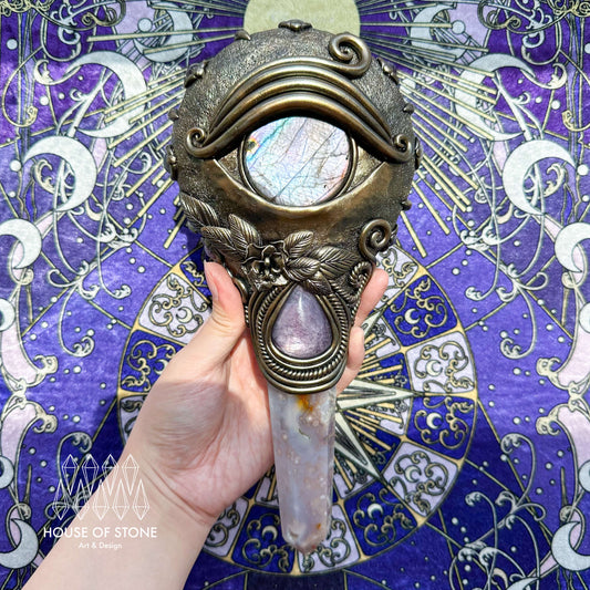 Handmade Natural Black Obsidian Mirror/Magic Obsidian Witch Wand/Crystal Quartz Wand/Scrying Mirror Wand/Root Chakra/Manifest Altar Tool