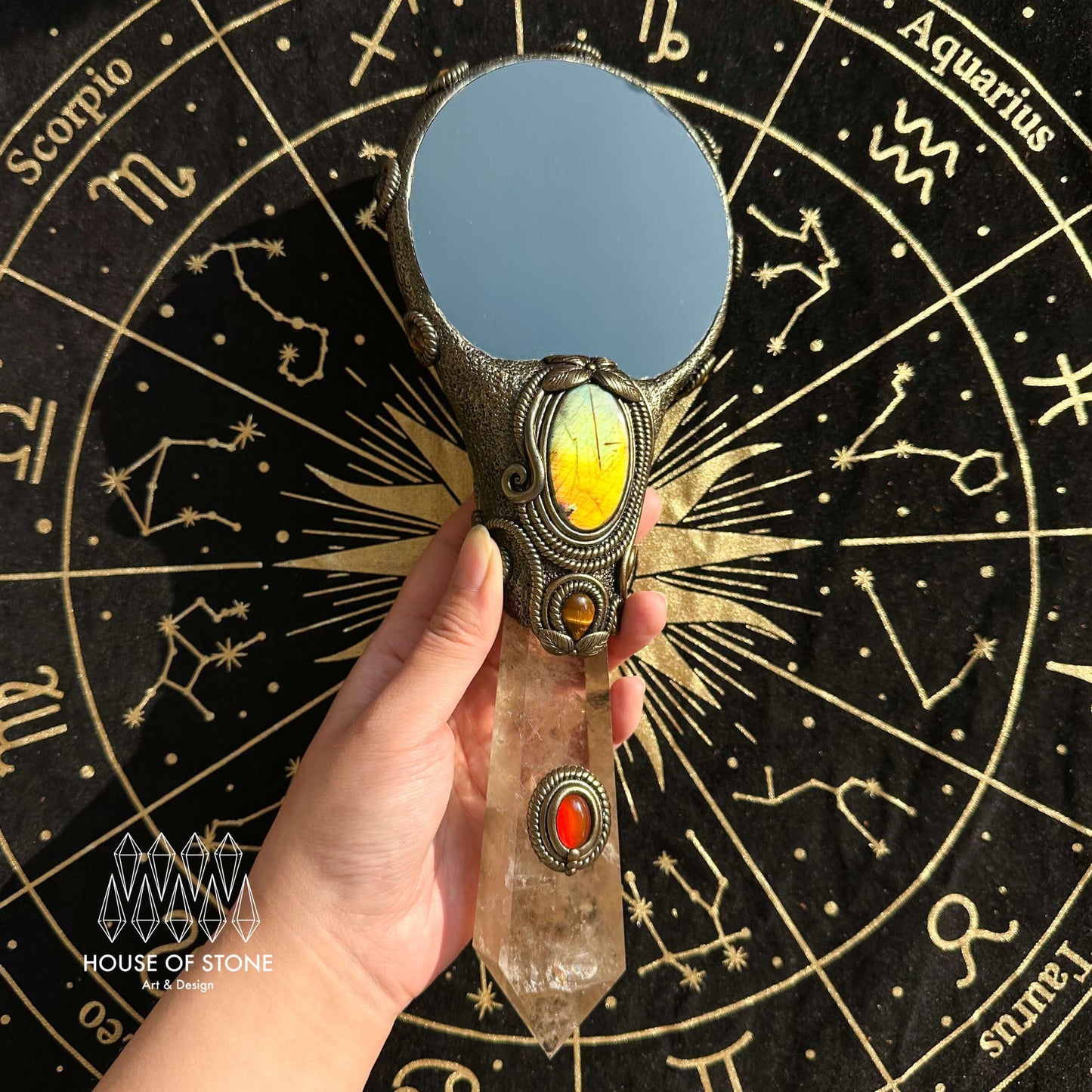 Handmade Natural Black Obsidian Mirror/Magic Obsidian Witch Wand/Crystal Quartz Wand/Scrying Mirror Wand/Chakra/Manifest Altar Tool