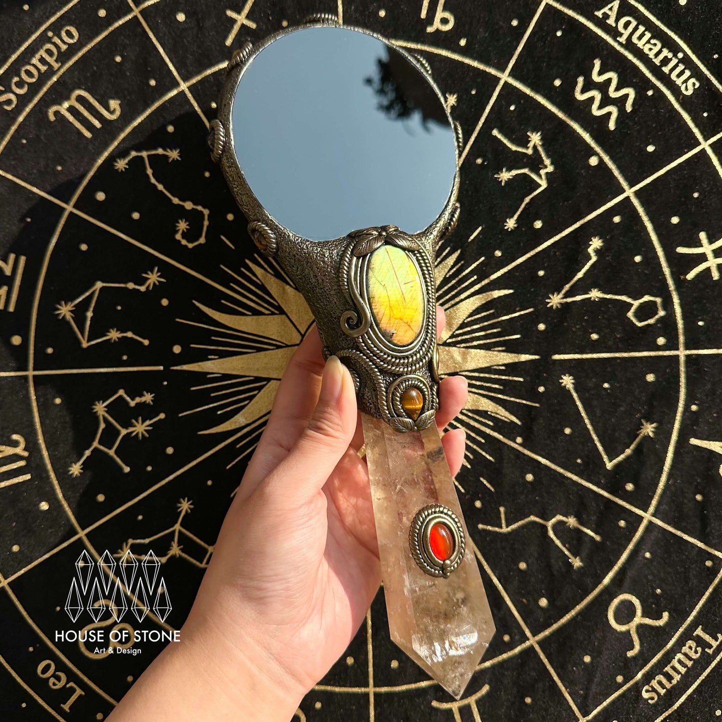 Handmade Natural Black Obsidian Mirror/Magic Obsidian Witch Wand/Crystal Quartz Wand/Scrying Mirror Wand/Chakra/Manifest Altar Tool