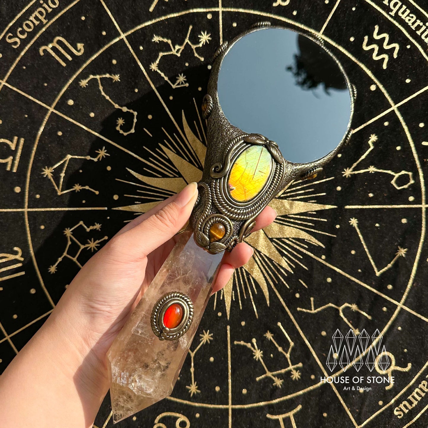 Handmade Natural Black Obsidian Mirror/Magic Obsidian Witch Wand/Crystal Quartz Wand/Scrying Mirror Wand/Chakra/Manifest Altar Tool