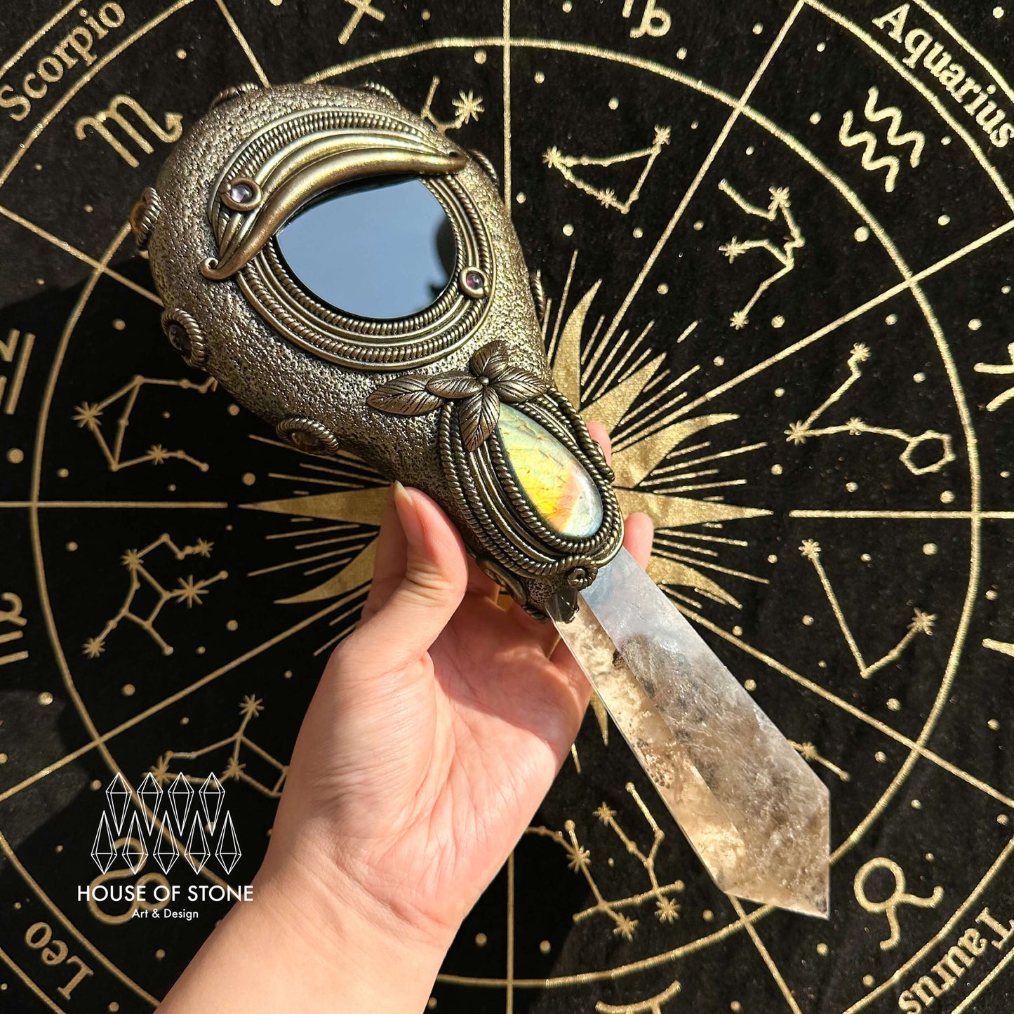 Handmade Natural Black Obsidian Mirror/Magic Obsidian Witch Wand/Crystal Quartz Wand/Scrying Mirror Wand/Chakra/Manifest Altar Tool