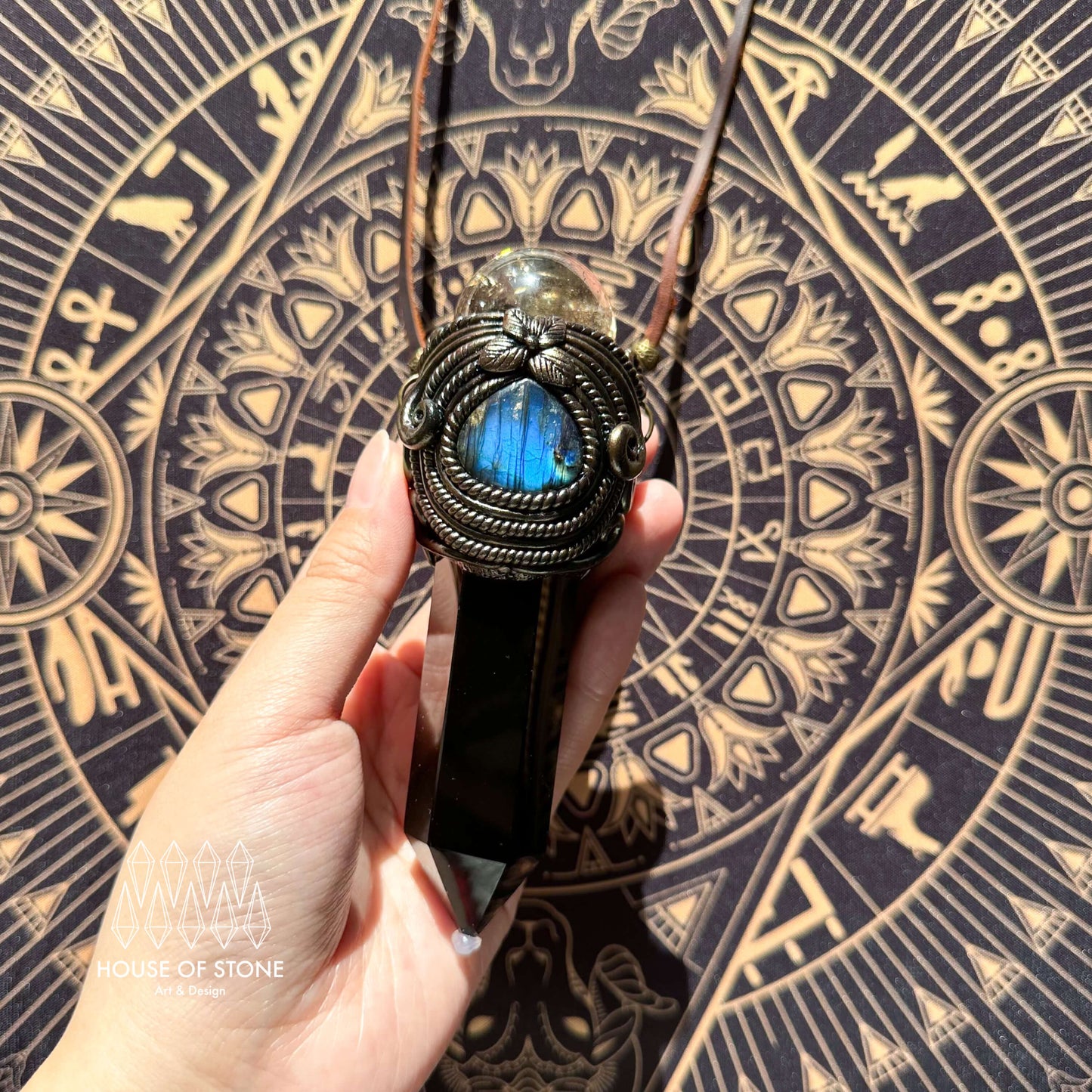 Natural Handmade Smoky Quartz Pendant Necklace/Magic Black Obsidian Crystal Double-sided Pendant/Labradorite Jewelry/Chakra/Altar Tool