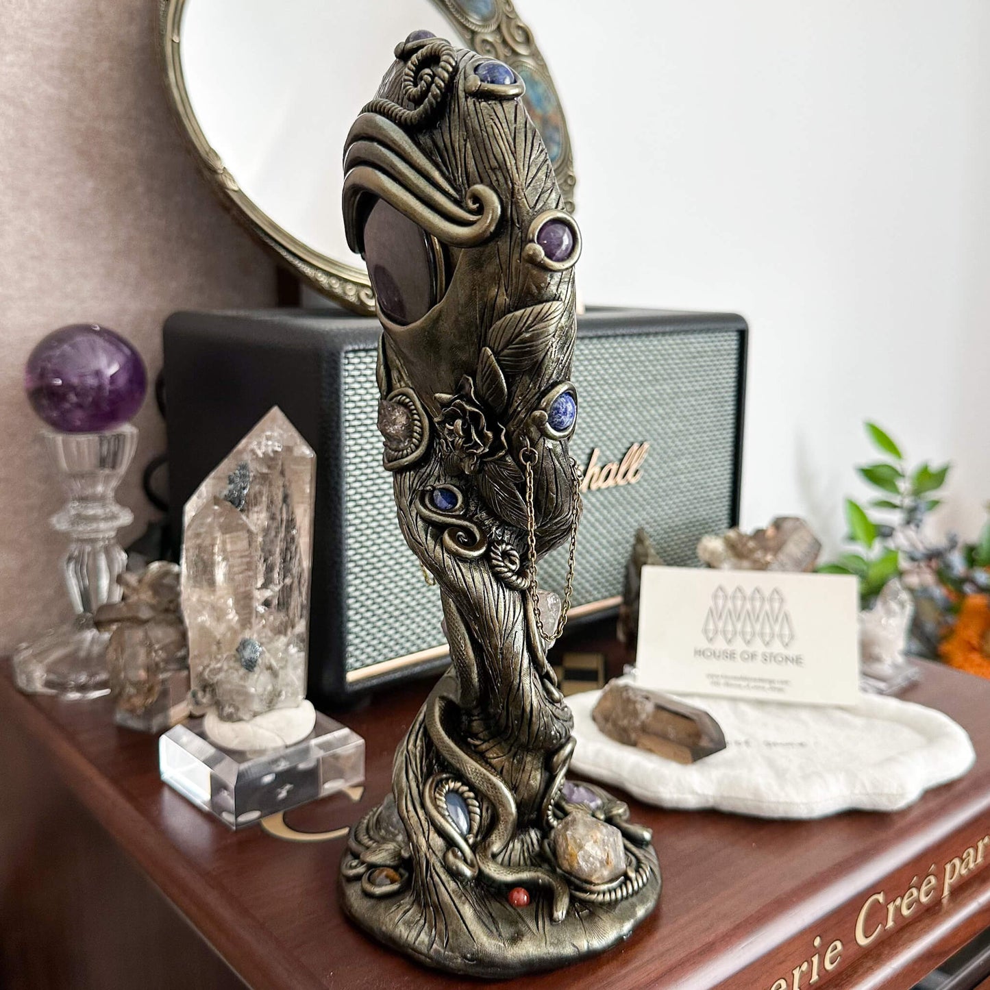 Handmade Natural Black Obsidian Mirror/Magic Obsidian Witch/Crystal Quartz with Base/Scrying Mirror/Root Chakra/Manifest Altar Tool
