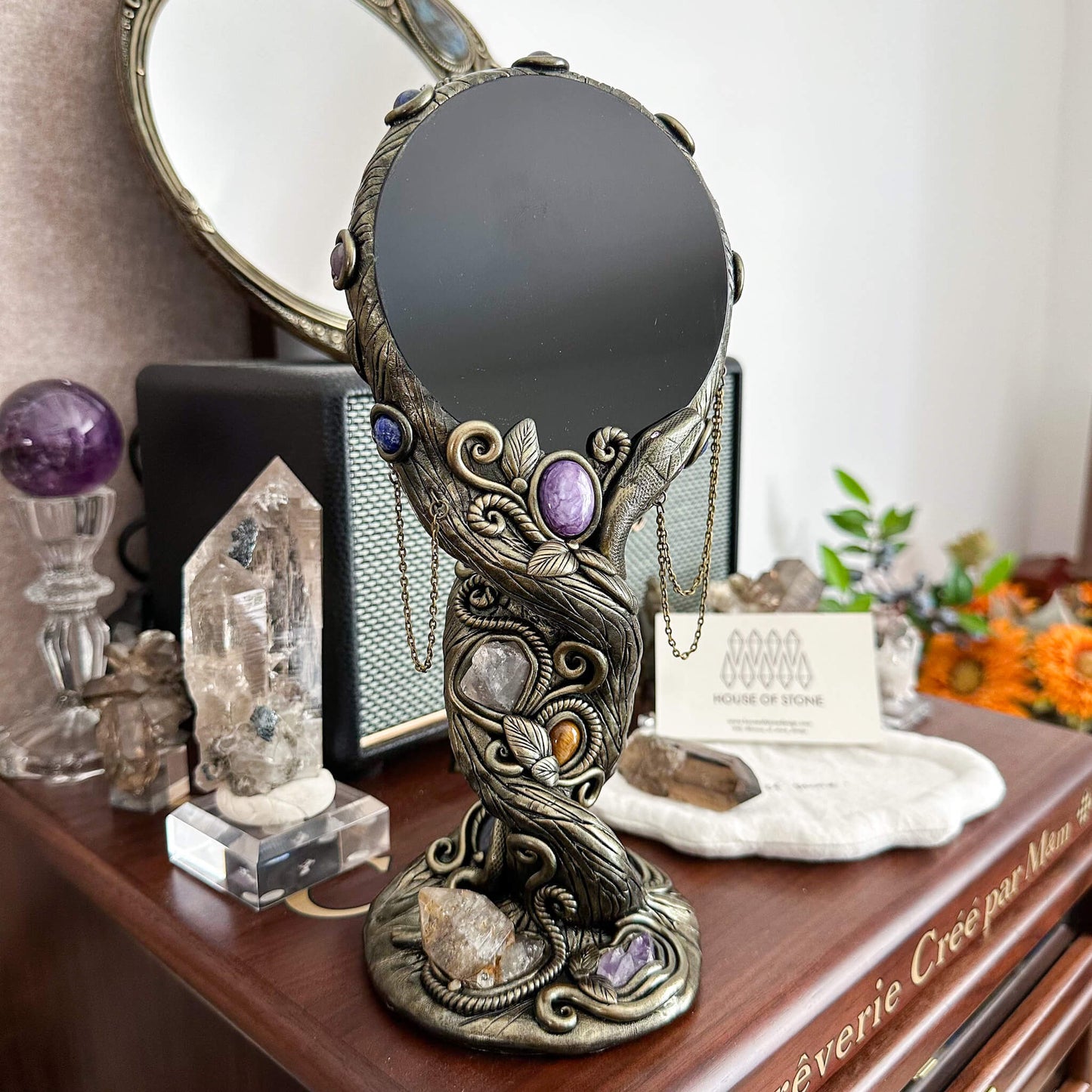 Handmade Natural Black Obsidian Mirror/Magic Obsidian Witch/Crystal Quartz with Base/Scrying Mirror/Root Chakra/Manifest Altar Tool