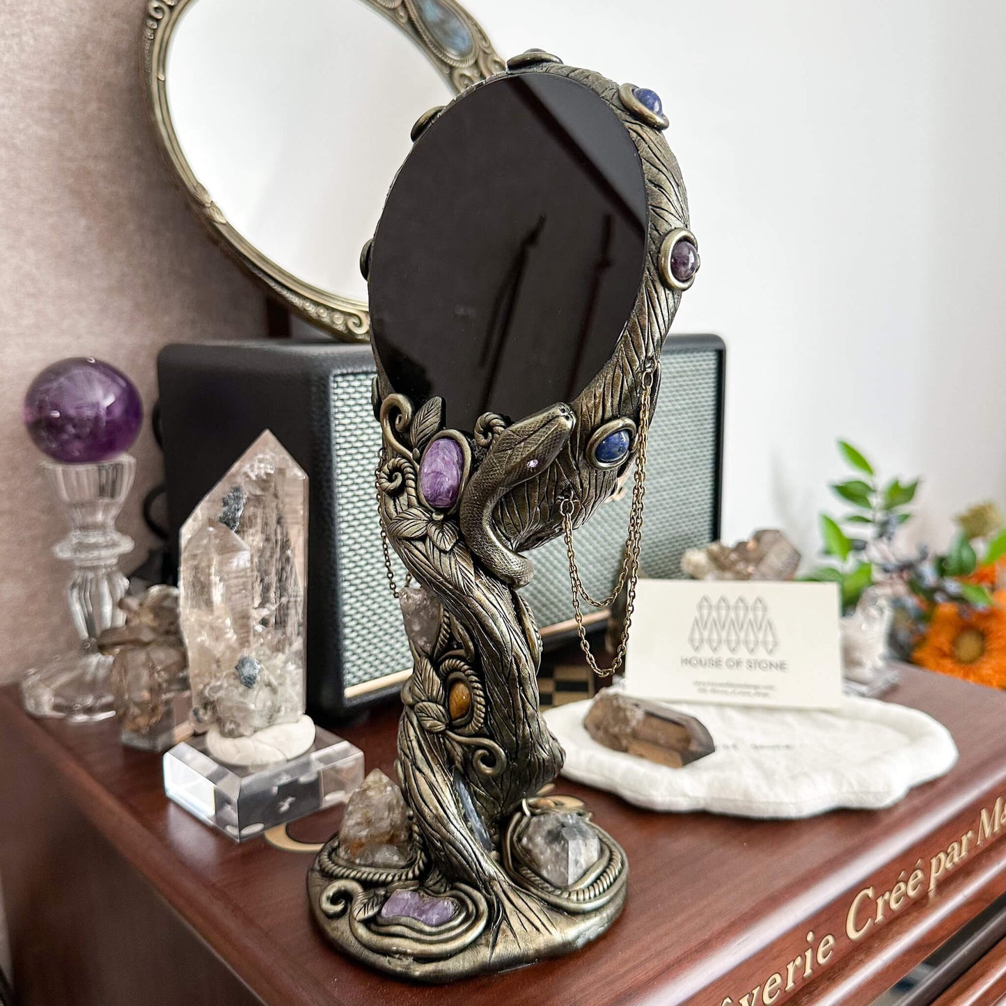 Handmade Natural Black Obsidian Mirror/Magic Obsidian Witch/Crystal Quartz with Base/Scrying Mirror/Root Chakra/Manifest Altar Tool