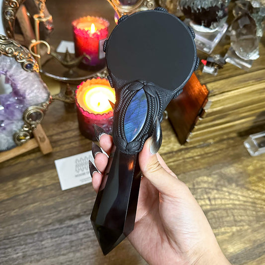 Handmade Natural Black Obsidian Mirror/Magic Obsidian Witch Wand/Crystal Quartz Wand/Scrying Mirror Wand/Root Chakra/Manifest Altar Tool