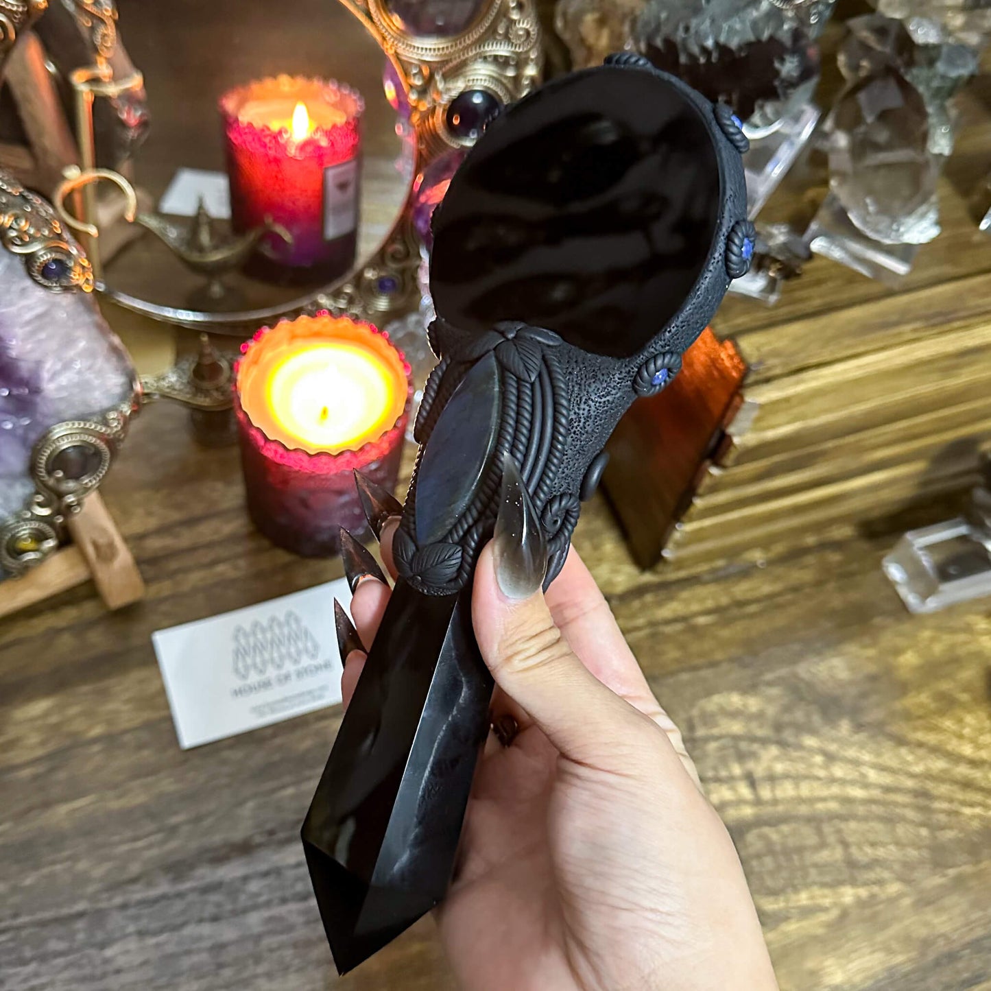 Handmade Natural Black Obsidian Mirror/Magic Obsidian Witch Wand/Crystal Quartz Wand/Scrying Mirror Wand/Root Chakra/Manifest Altar Tool