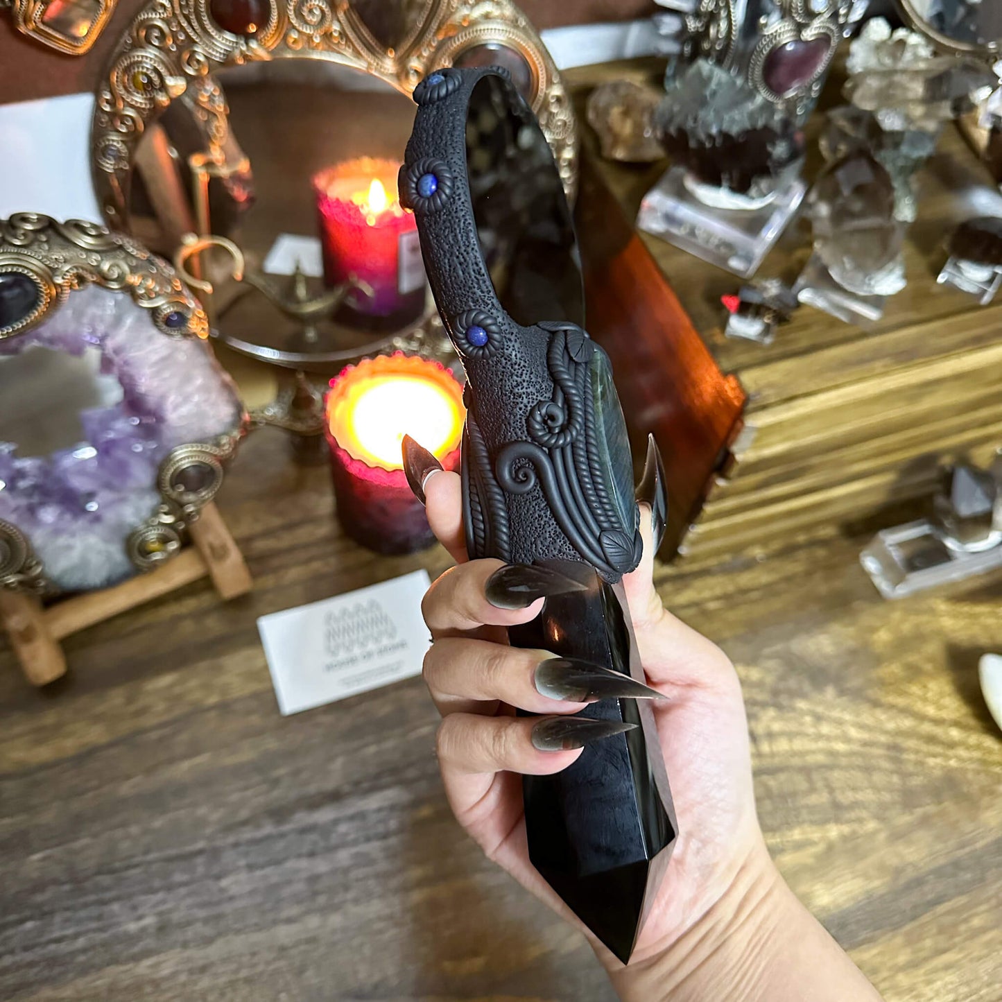 Handmade Natural Black Obsidian Mirror/Magic Obsidian Witch Wand/Crystal Quartz Wand/Scrying Mirror Wand/Root Chakra/Manifest Altar Tool
