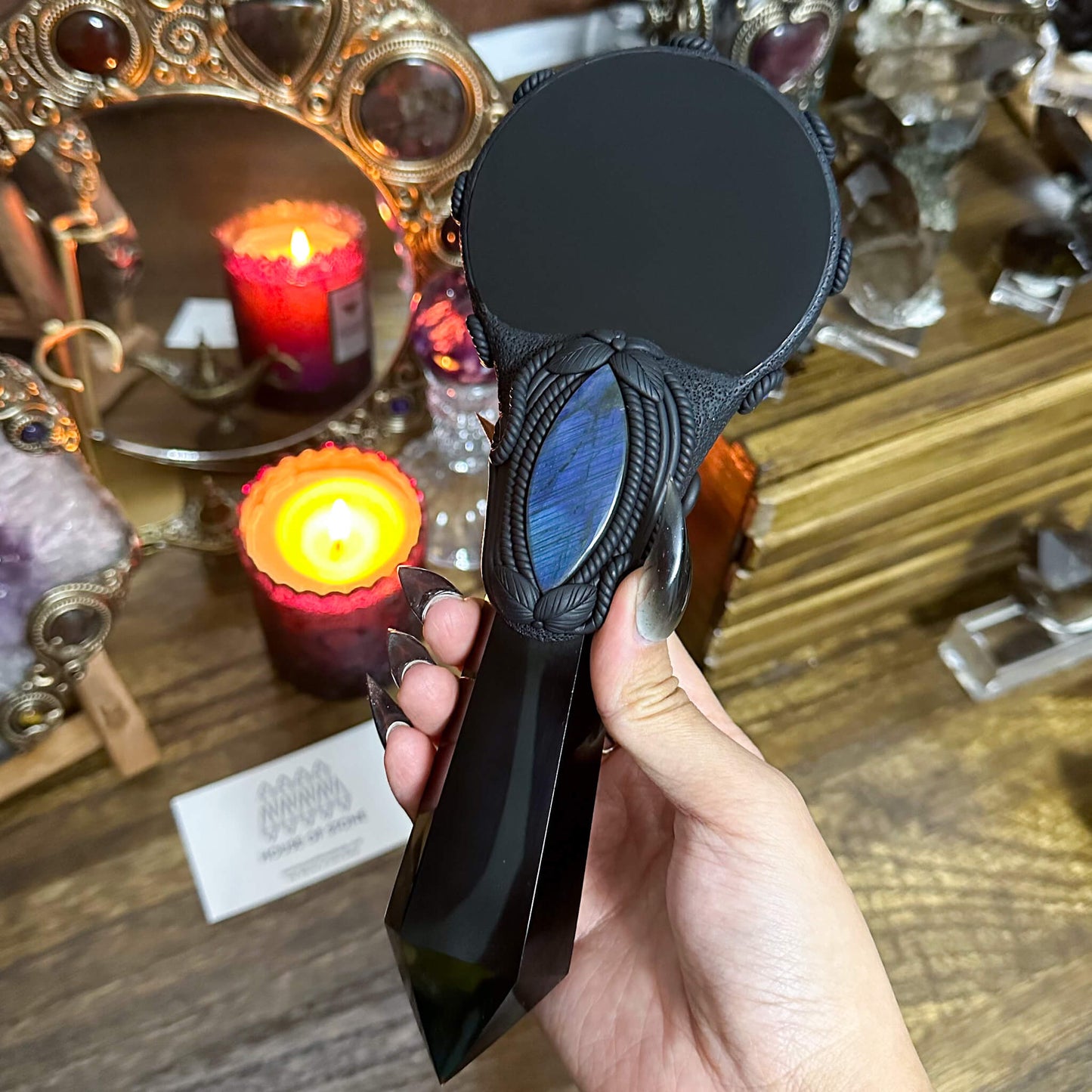 Handmade Natural Black Obsidian Mirror/Magic Obsidian Witch Wand/Crystal Quartz Wand/Scrying Mirror Wand/Root Chakra/Manifest Altar Tool