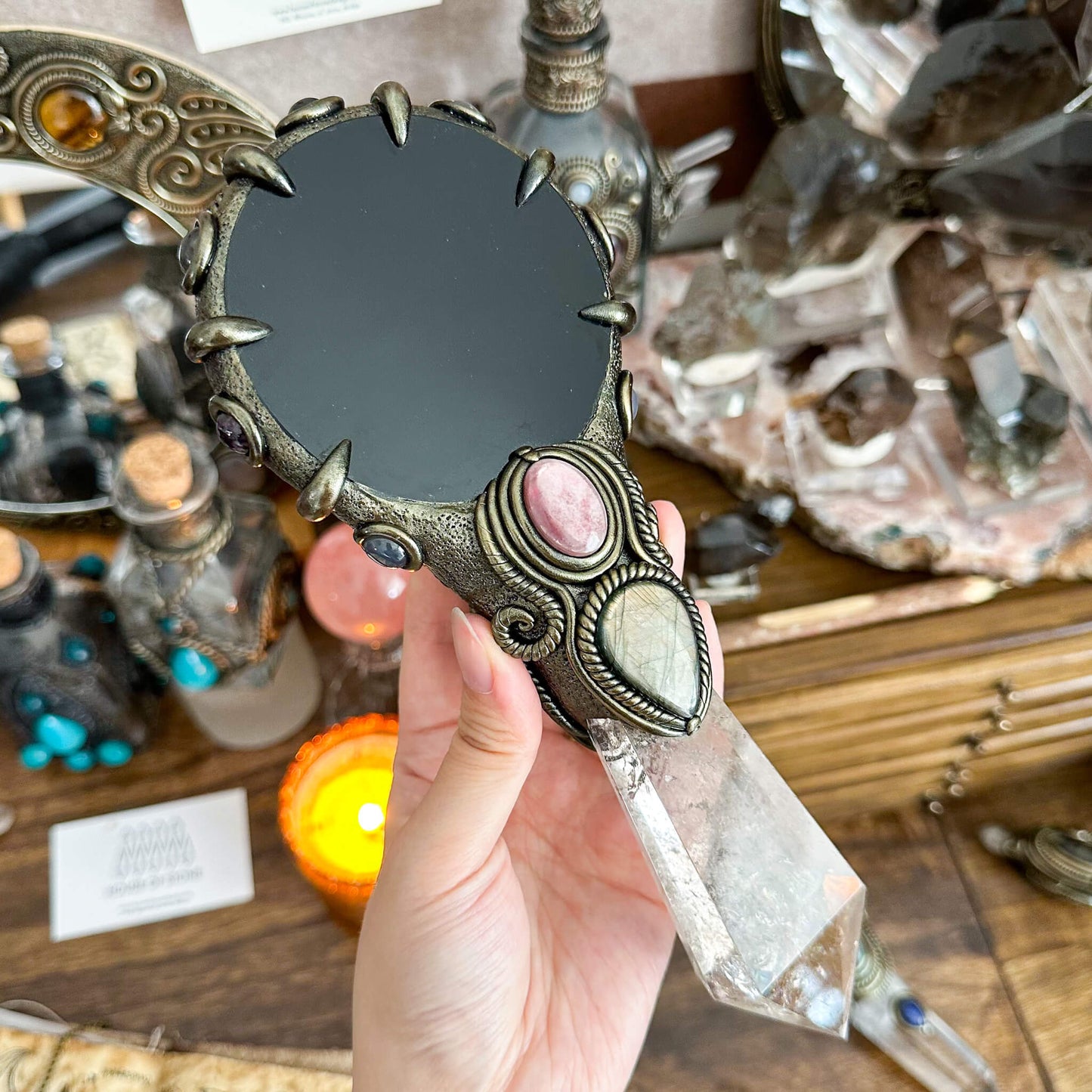 Handmade Natural Black Obsidian Mirror/Magic Obsidian Witch Wand/Crystal Quartz Wand/Scrying Mirror Wand/Root Chakra/Manifest Altar Tool