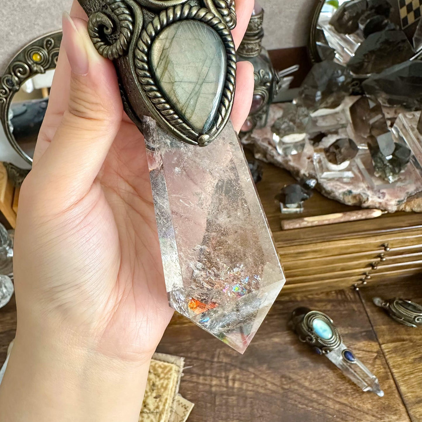 Handmade Natural Black Obsidian Mirror/Magic Obsidian Witch Wand/Crystal Quartz Wand/Scrying Mirror Wand/Root Chakra/Manifest Altar Tool