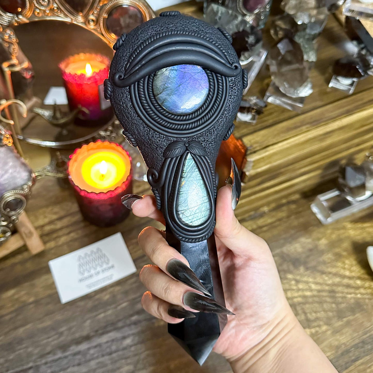Handmade Natural Black Obsidian Mirror/Magic Obsidian Witch Wand/Crystal Quartz Wand/Scrying Mirror Wand/Root Chakra/Manifest Altar Tool