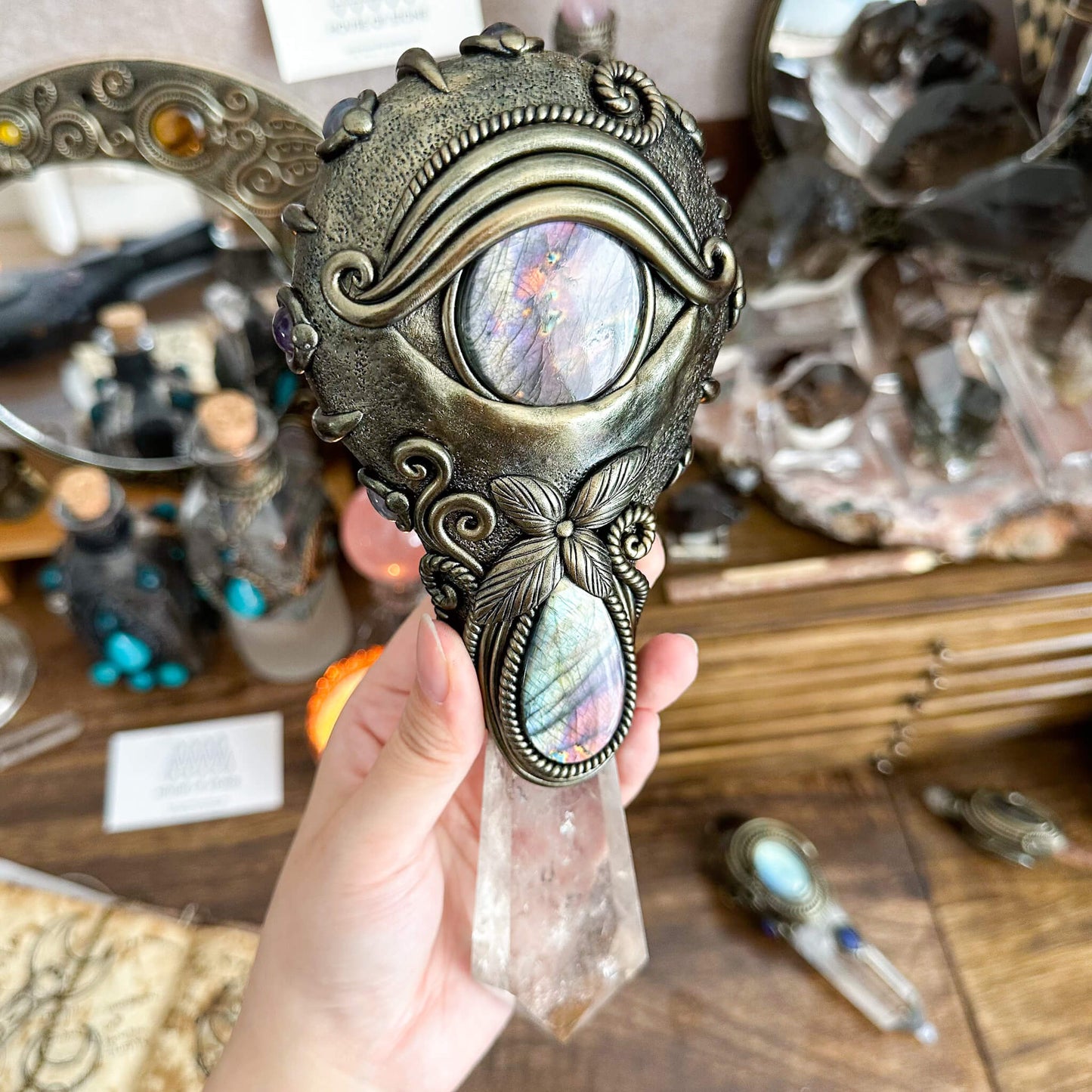 Handmade Natural Black Obsidian Mirror/Magic Obsidian Witch Wand/Crystal Quartz Wand/Scrying Mirror Wand/Root Chakra/Manifest Altar Tool