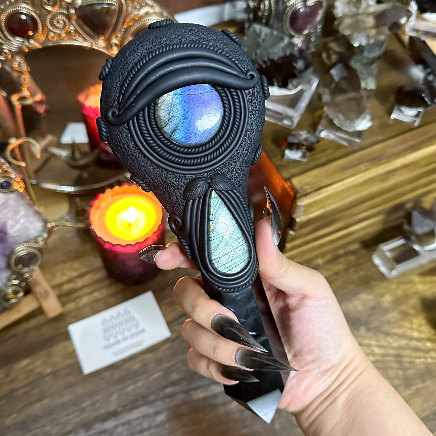 Handmade Natural Black Obsidian Mirror/Magic Obsidian Witch Wand/Crystal Quartz Wand/Scrying Mirror Wand/Root Chakra/Manifest Altar Tool