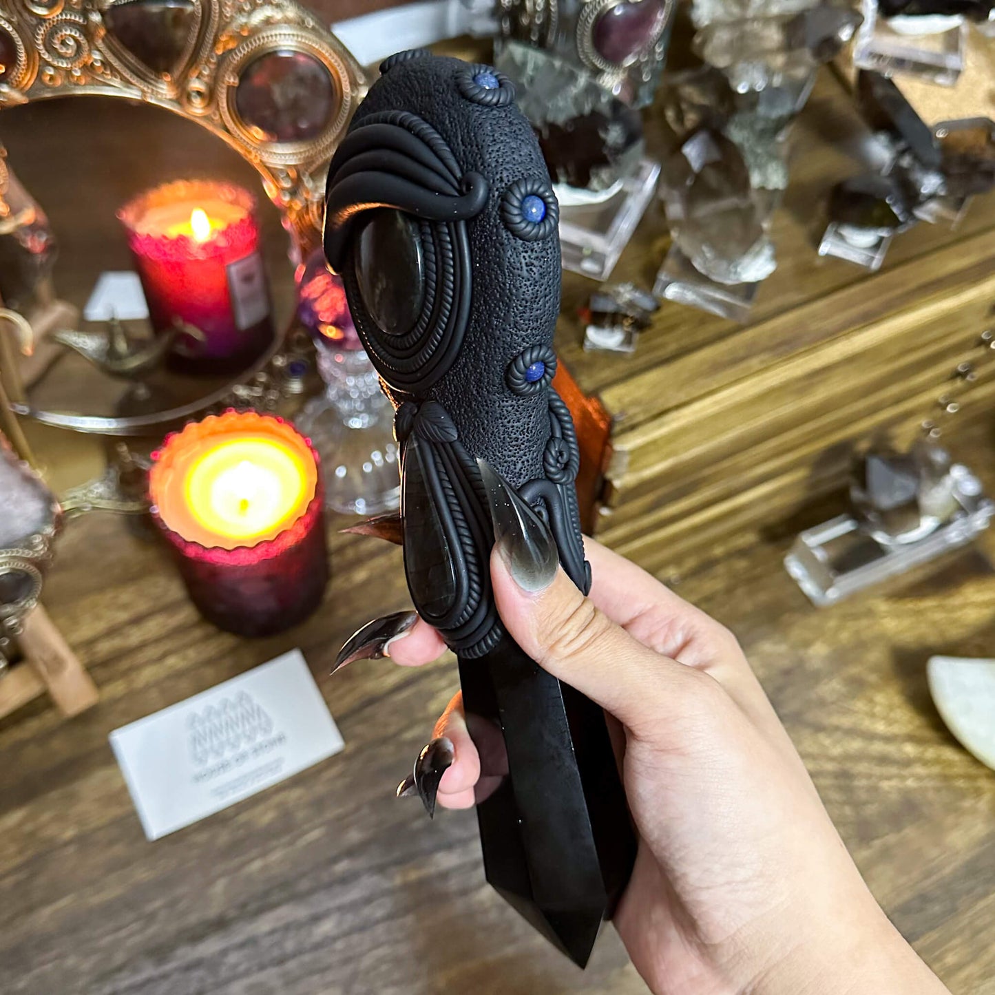 Handmade Natural Black Obsidian Mirror/Magic Obsidian Witch Wand/Crystal Quartz Wand/Scrying Mirror Wand/Root Chakra/Manifest Altar Tool