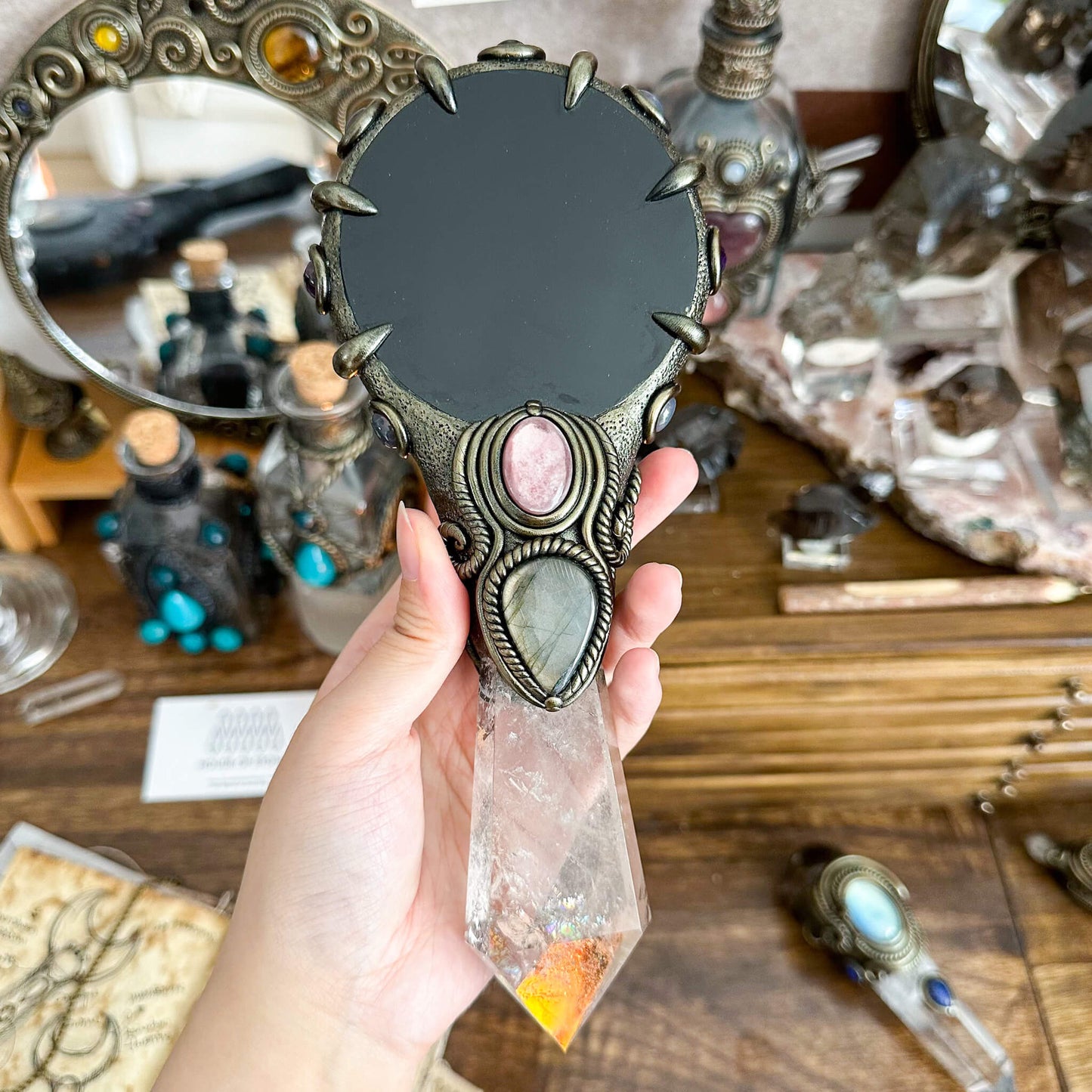 Handmade Natural Black Obsidian Mirror/Magic Obsidian Witch Wand/Crystal Quartz Wand/Scrying Mirror Wand/Root Chakra/Manifest Altar Tool