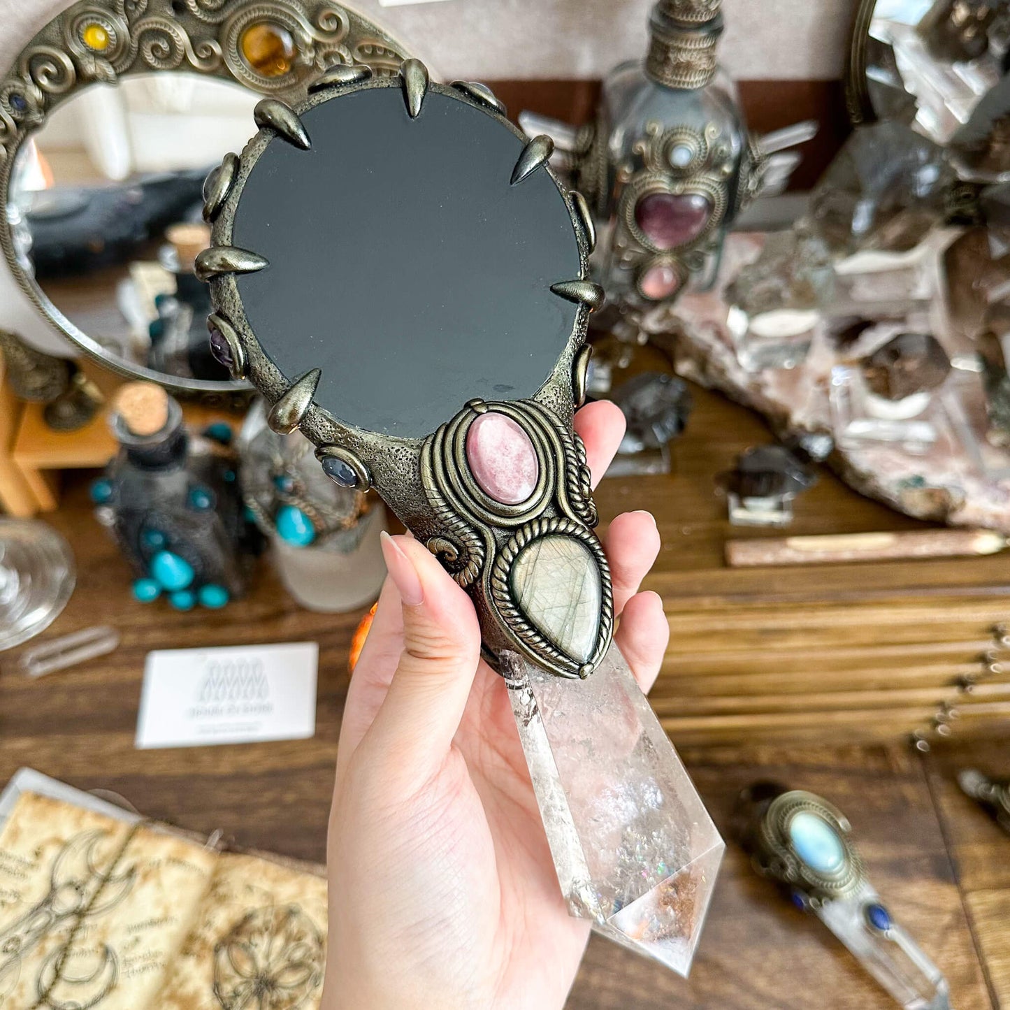Handmade Natural Black Obsidian Mirror/Magic Obsidian Witch Wand/Crystal Quartz Wand/Scrying Mirror Wand/Root Chakra/Manifest Altar Tool