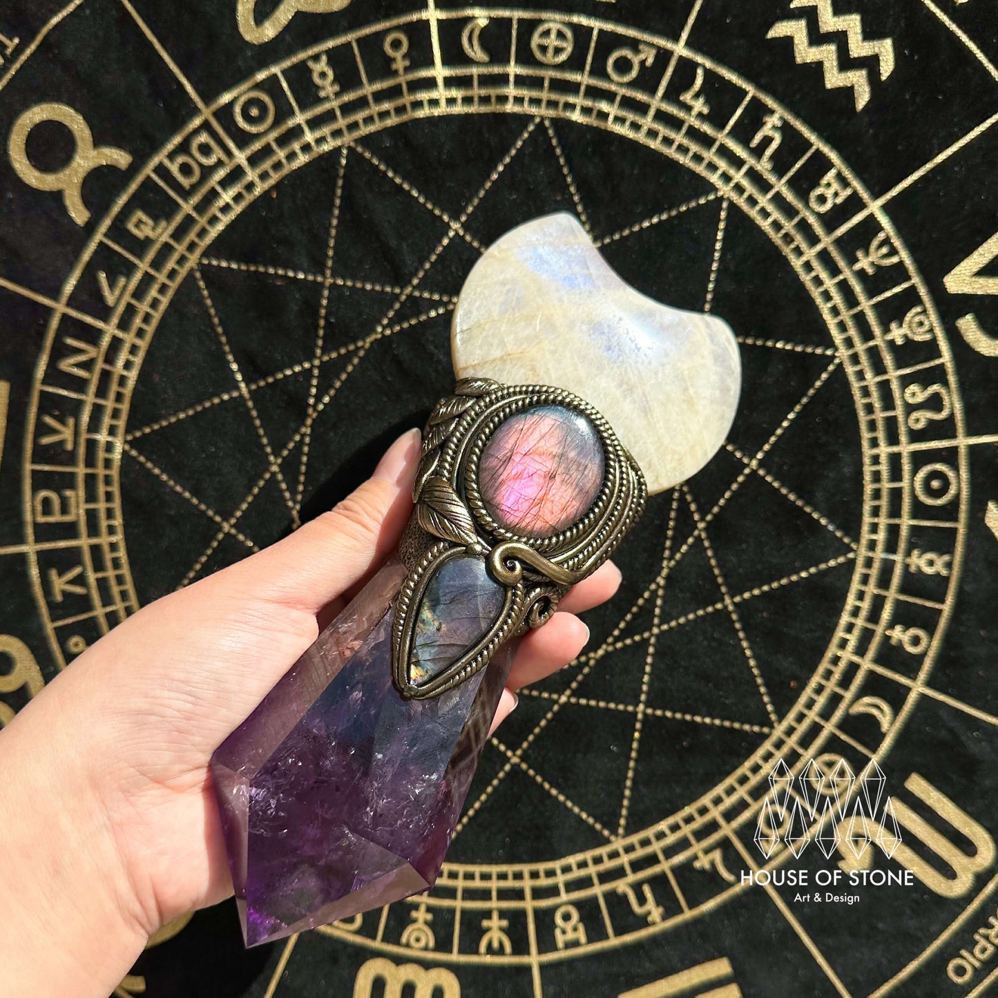 Handmade Natural Amethyst Crystal Wand/Magic Witch Crystal Wand/Moonstone Amethyst Labradorite Handle/Chakra/Manifest Altar Tool