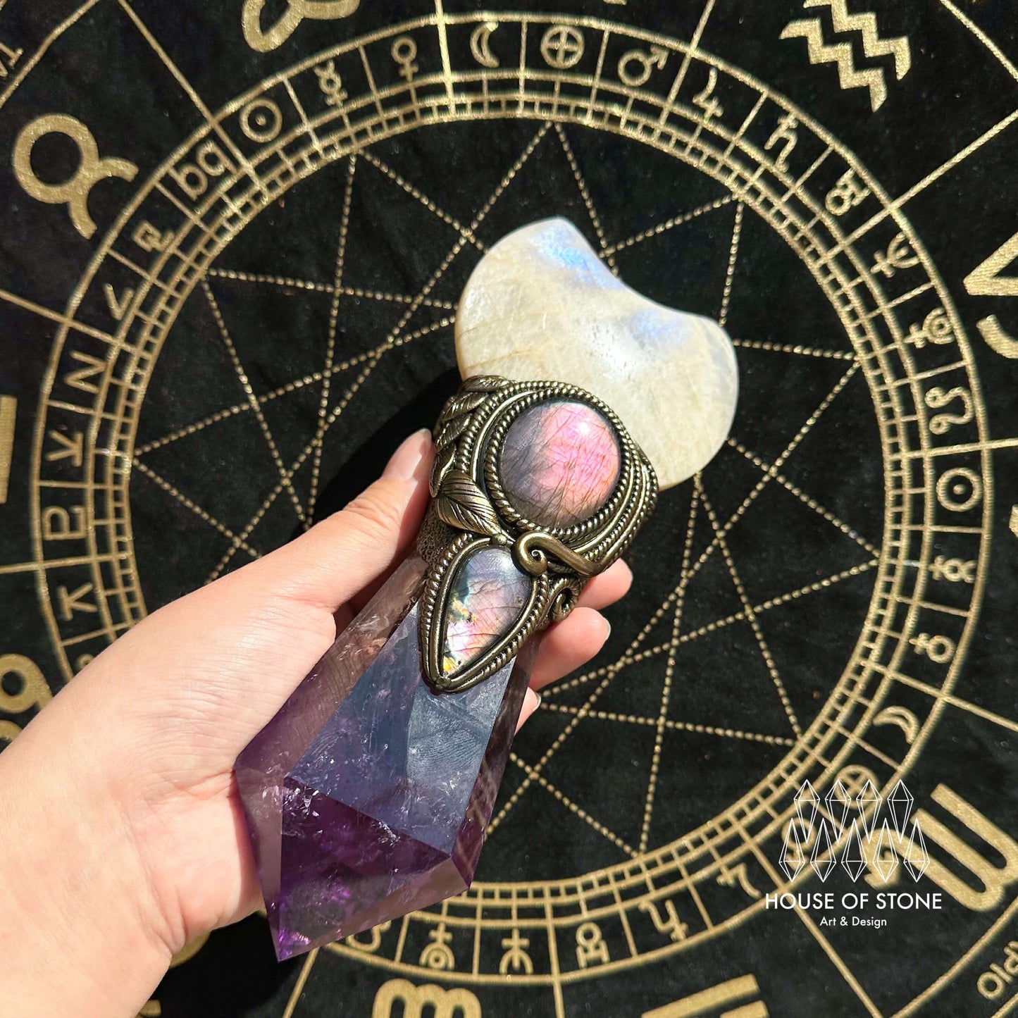 Handmade Natural Amethyst Crystal Wand/Magic Witch Crystal Wand/Moonstone Amethyst Labradorite Handle/Chakra/Manifest Altar Tool
