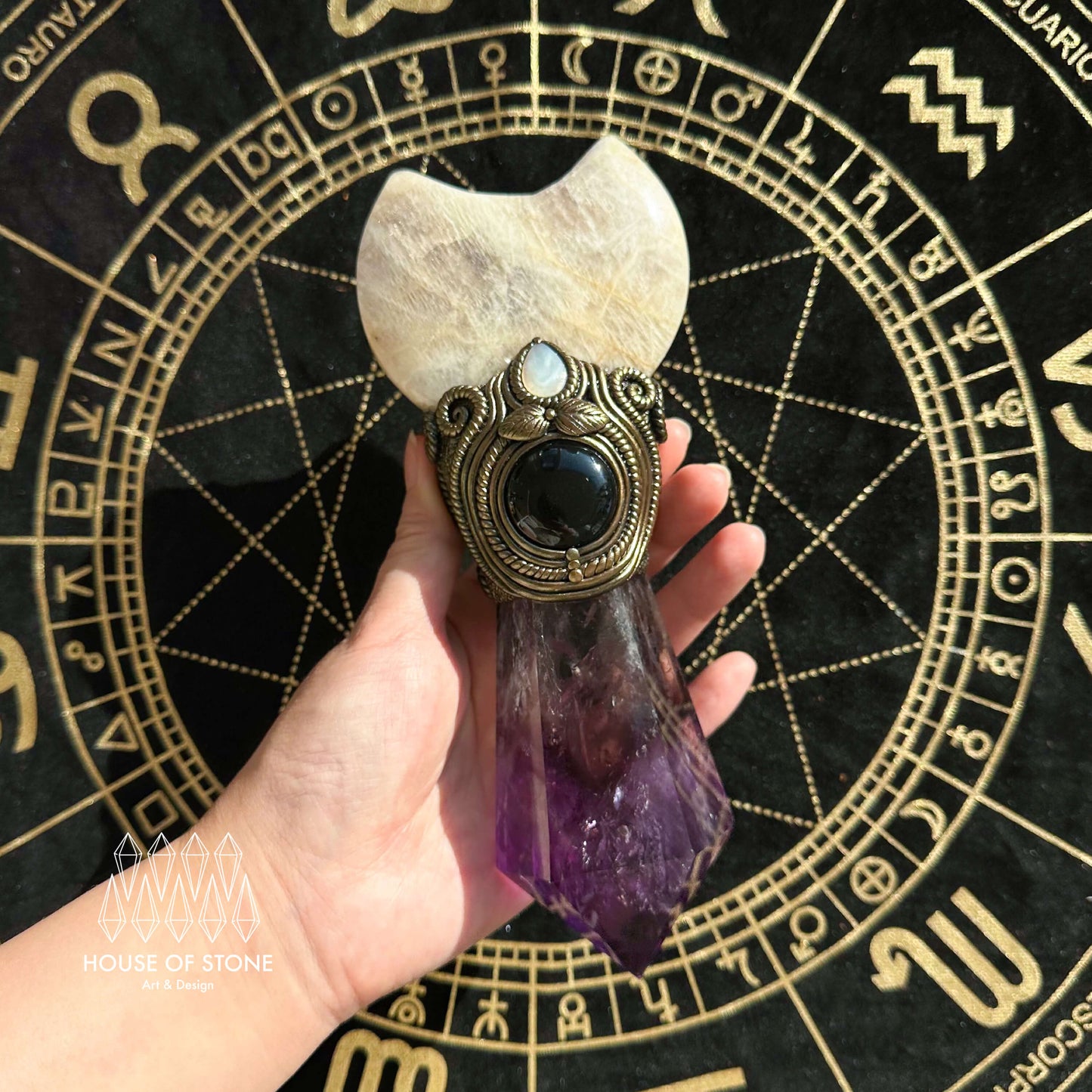 Handmade Natural Amethyst Crystal Wand/Magic Witch Crystal Wand/Moonstone Amethyst Labradorite Handle/Chakra/Manifest Altar Tool