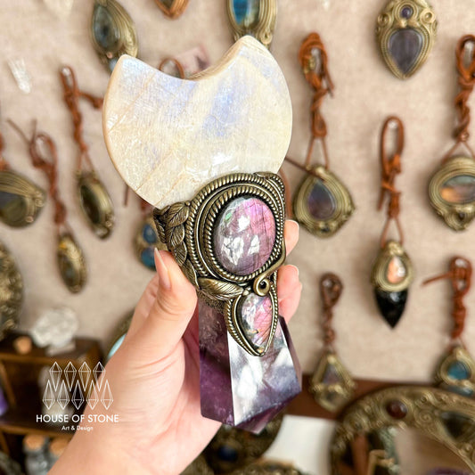 Handmade Natural Amethyst Crystal Wand/Magic Witch Crystal Wand/Moonstone Amethyst Labradorite Handle/Chakra/Manifest Altar Tool
