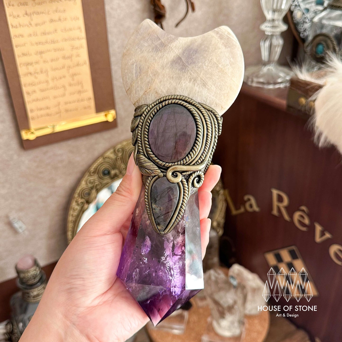 Handmade Natural Amethyst Crystal Wand/Magic Witch Crystal Wand/Moonstone Amethyst Labradorite Handle/Chakra/Manifest Altar Tool