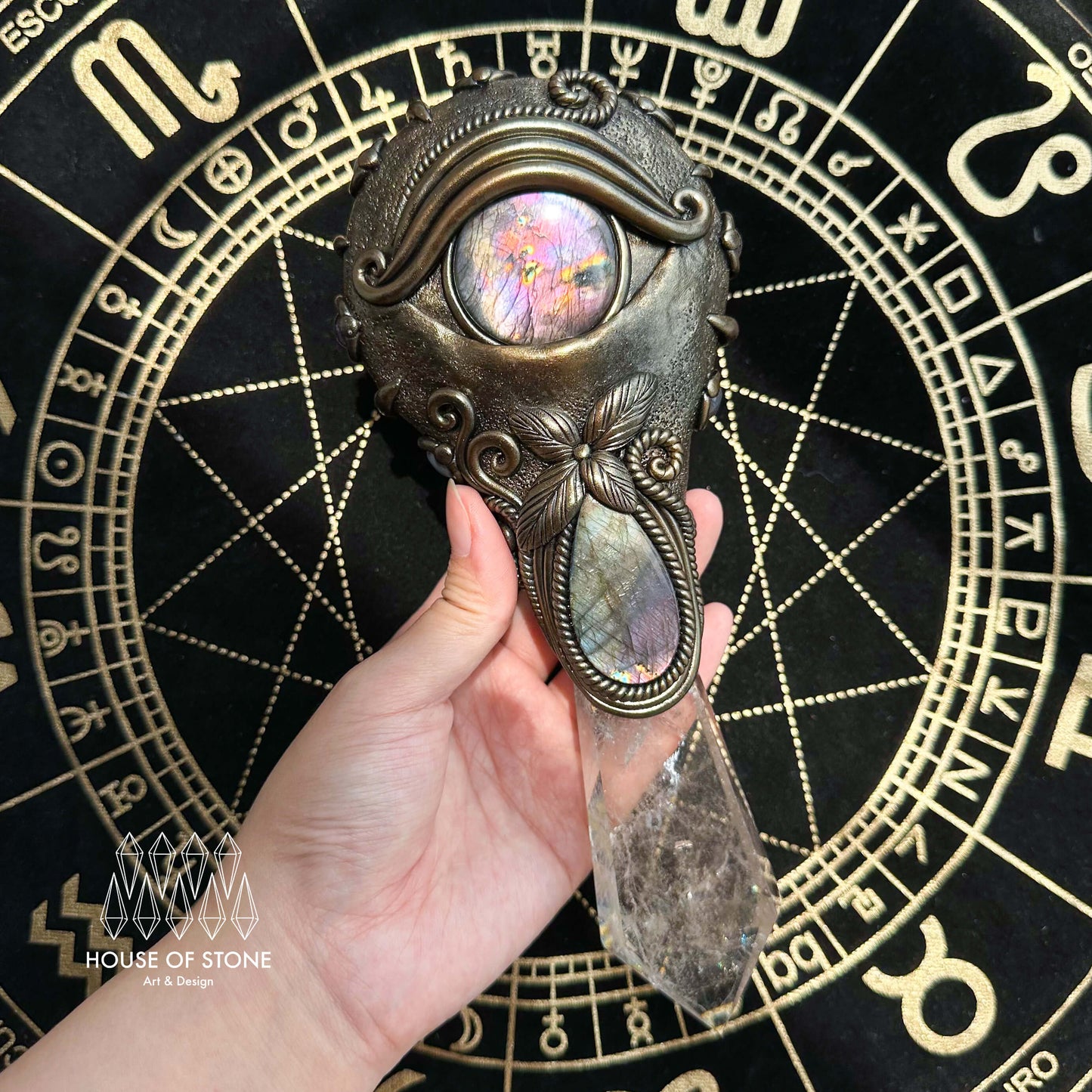 Handmade Natural Black Obsidian Mirror/Magic Obsidian Witch Wand/Crystal Quartz Wand/Scrying Mirror Wand/Root Chakra/Manifest Altar Tool
