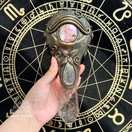 Handmade Natural Black Obsidian Mirror/Magic Obsidian Witch Wand/Crystal Quartz Wand/Scrying Mirror Wand/Root Chakra/Manifest Altar Tool