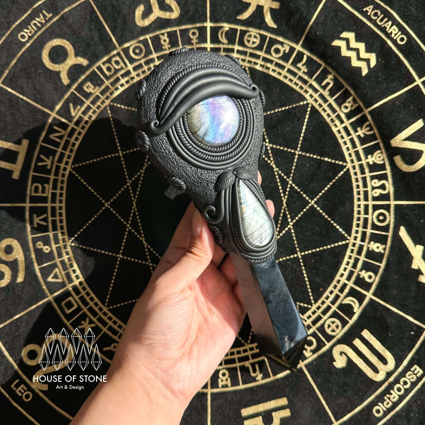 Handmade Natural Black Obsidian Mirror/Magic Obsidian Witch Wand/Crystal Quartz Wand/Scrying Mirror Wand/Root Chakra/Manifest Altar Tool